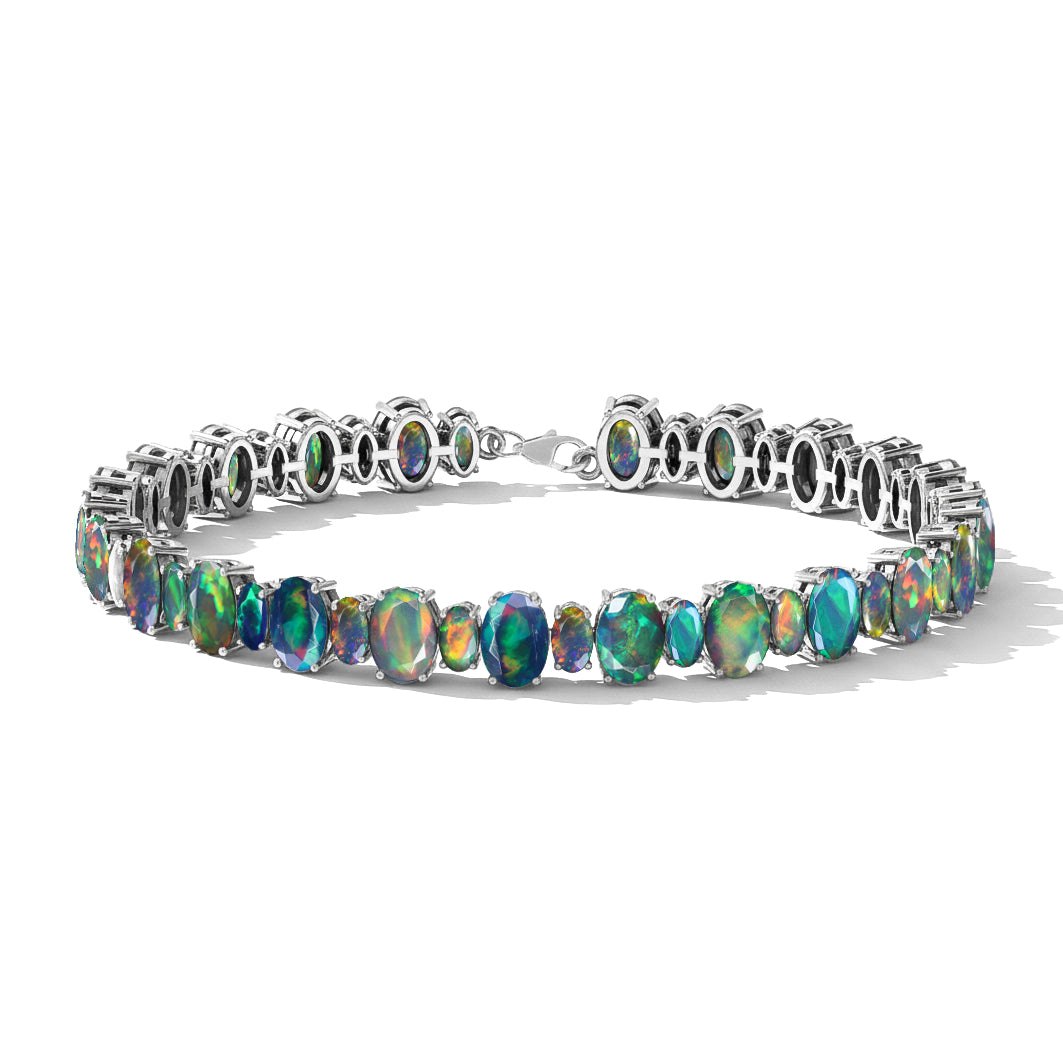 Black Opal Oval Tennis Bracelet in 925 Sterling Silver 7x5 MM 34.50ct