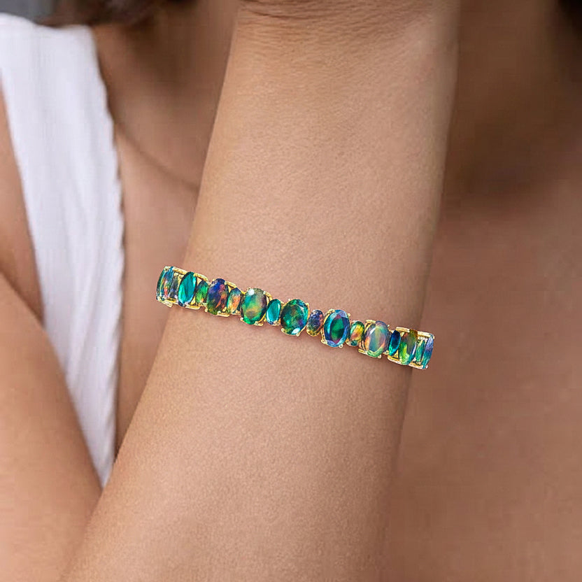 Black Opal Oval Tennis Bracelet in 925 Sterling Silver 7x5 MM 34.50ct