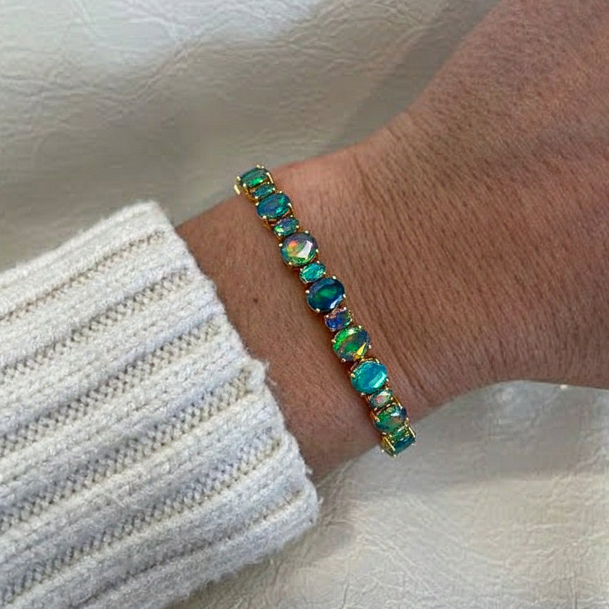 Black Opal Oval Tennis Bracelet in 925 Sterling Silver 7x5 MM 34.50ct