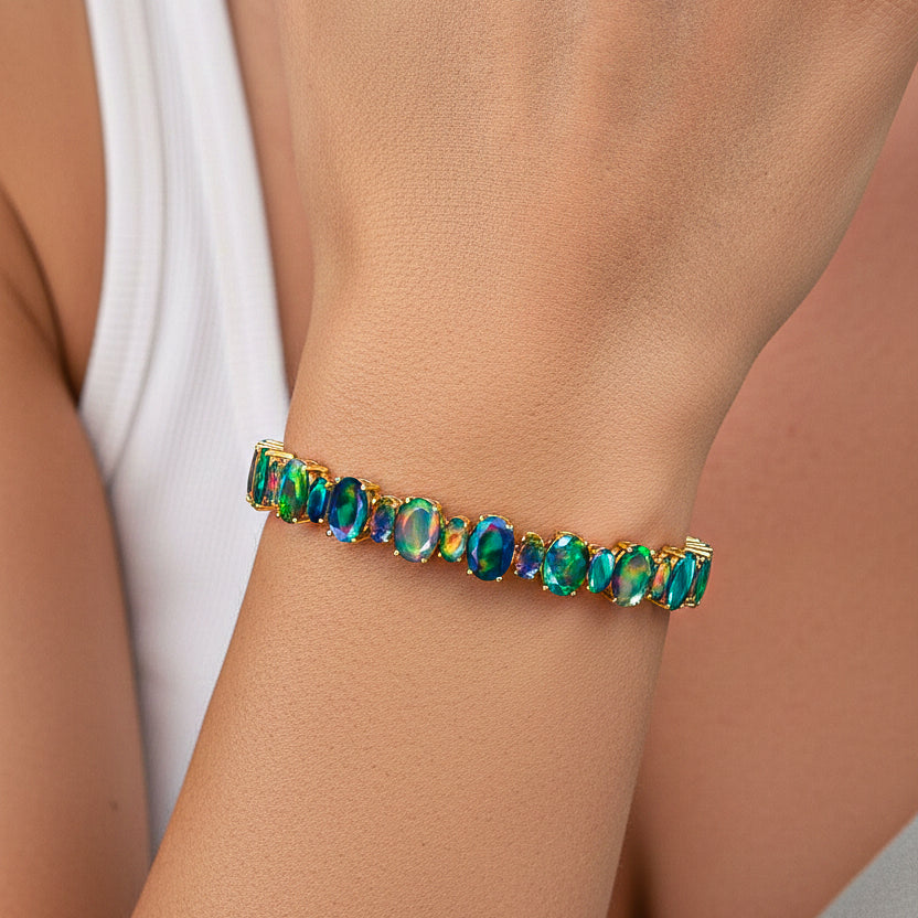 Black Opal Oval Tennis Bracelet in 925 Sterling Silver 7x5 MM 34.50ct