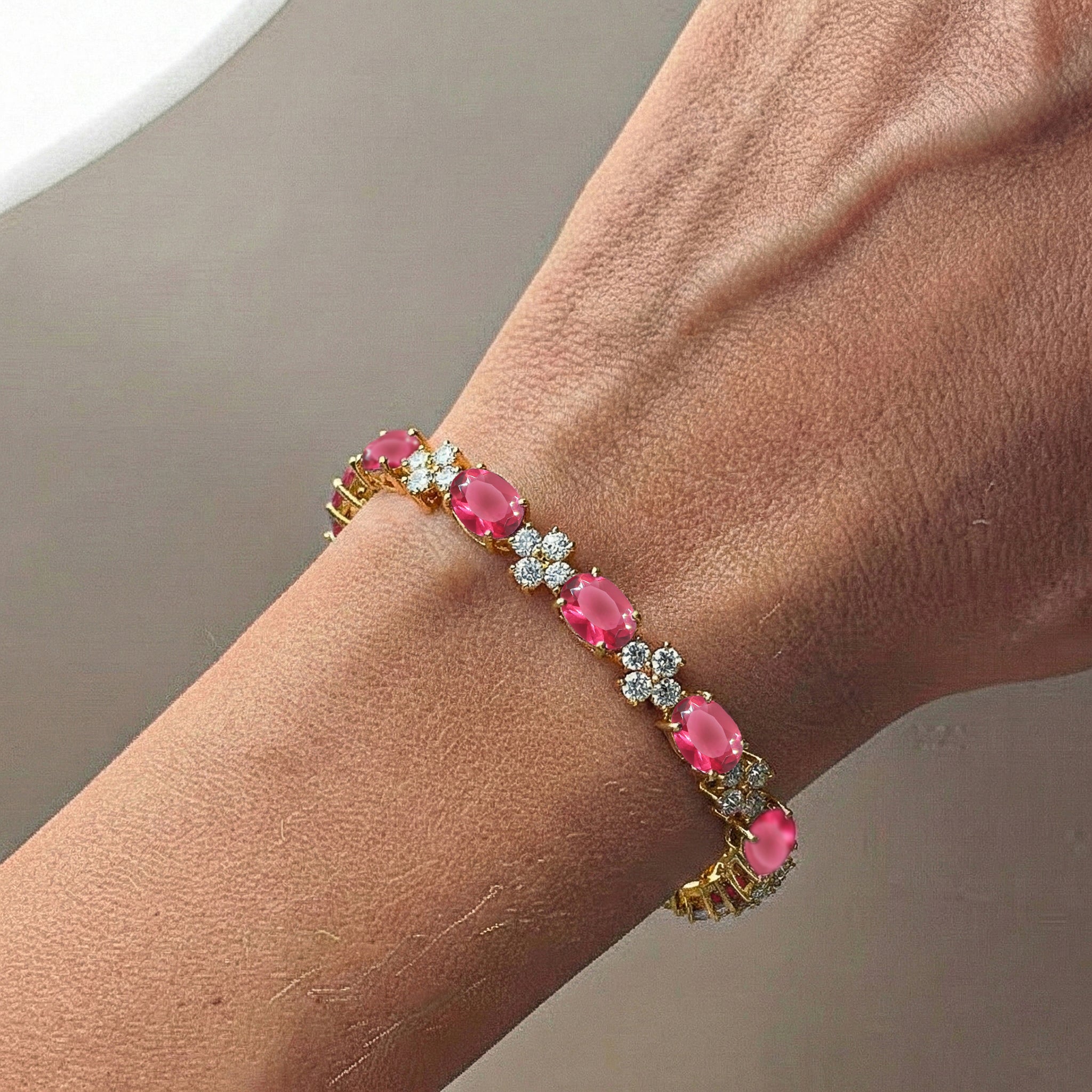 Pink Tourmaline Oval and Round Shape Tennis Bracelet in 925 Sterling Silver 8X6 MM 13.2ct