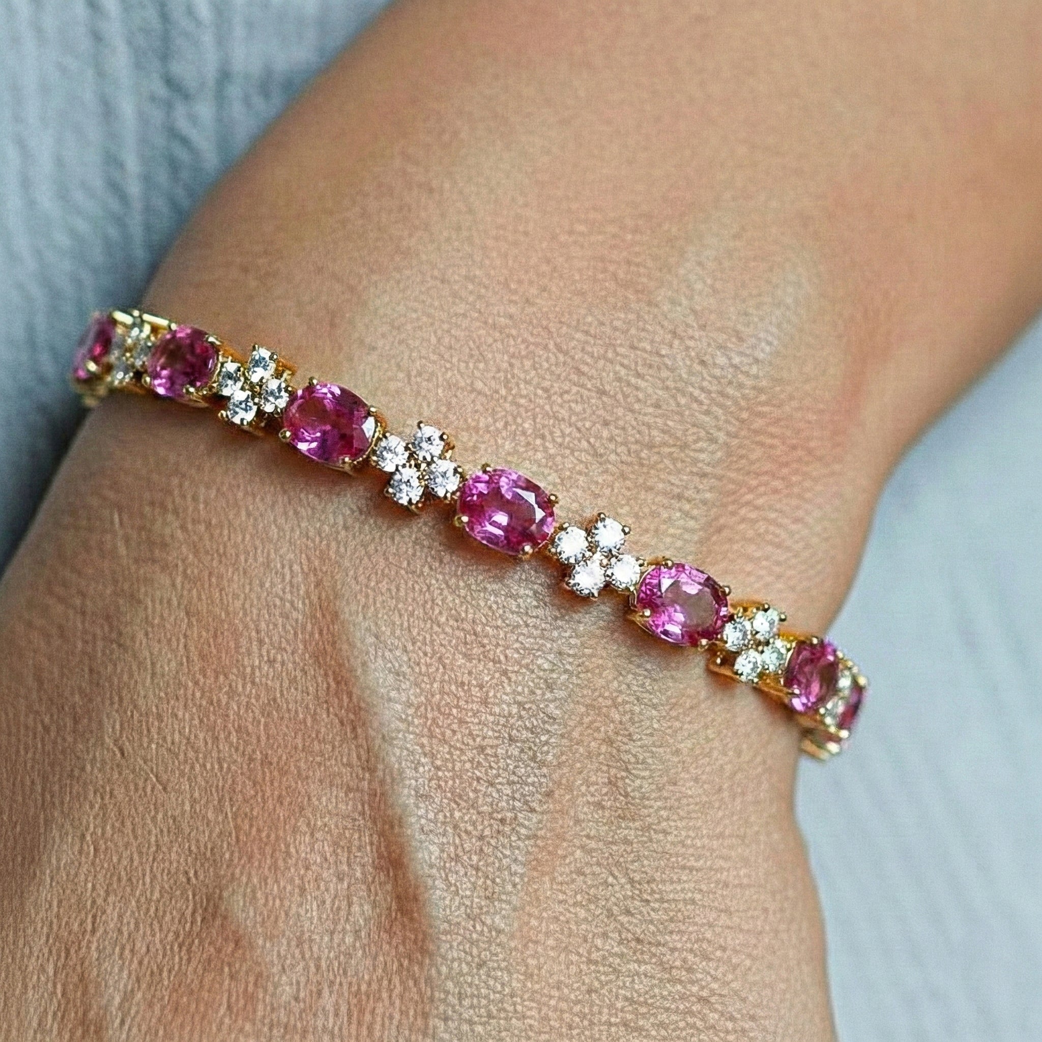 Pink Tourmaline Oval and Round Shape Tennis Bracelet in 925 Sterling Silver 8X6 MM 13.2ct