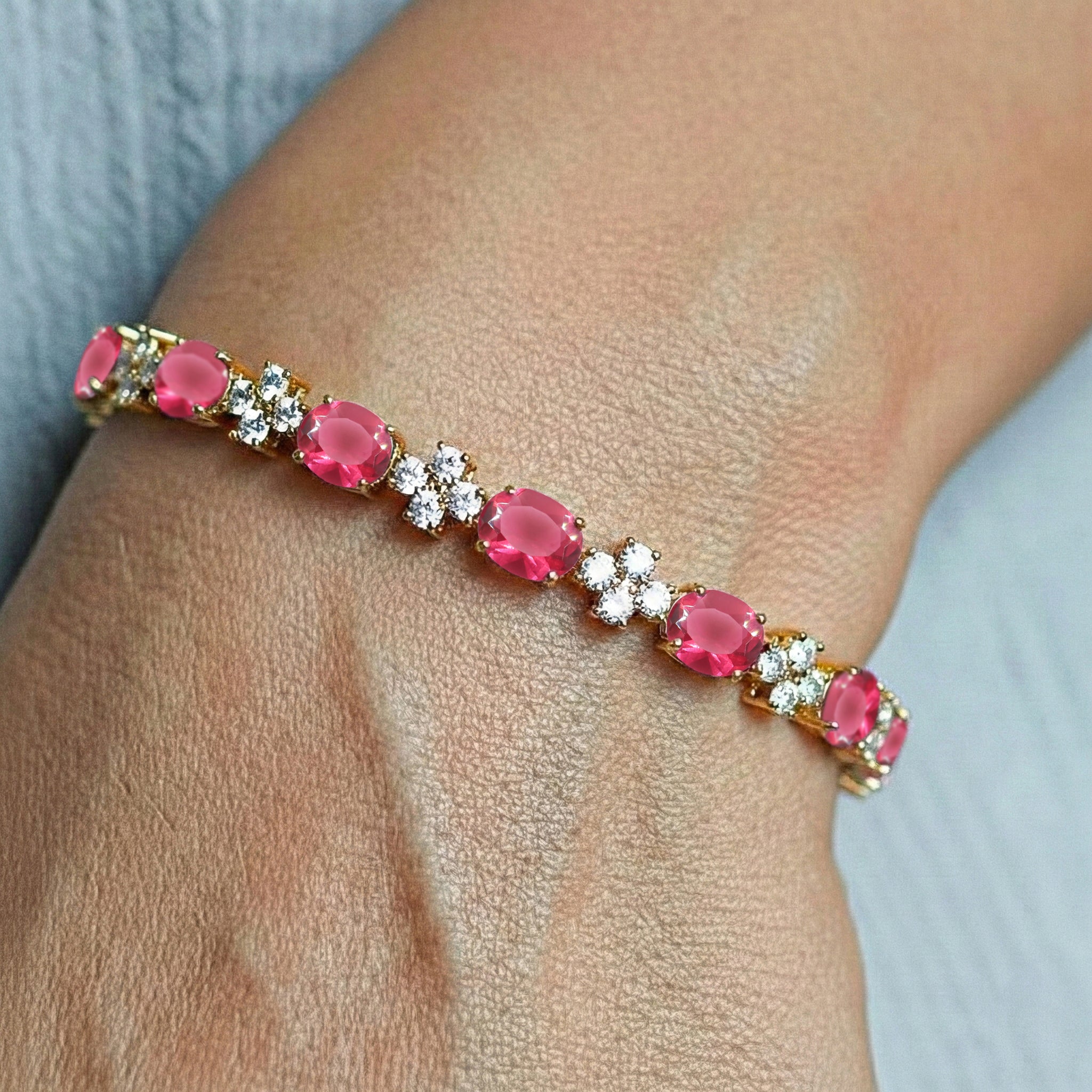Pink Tourmaline Oval and Round Shape Tennis Bracelet in 925 Sterling Silver 8X6 MM 13.2ct