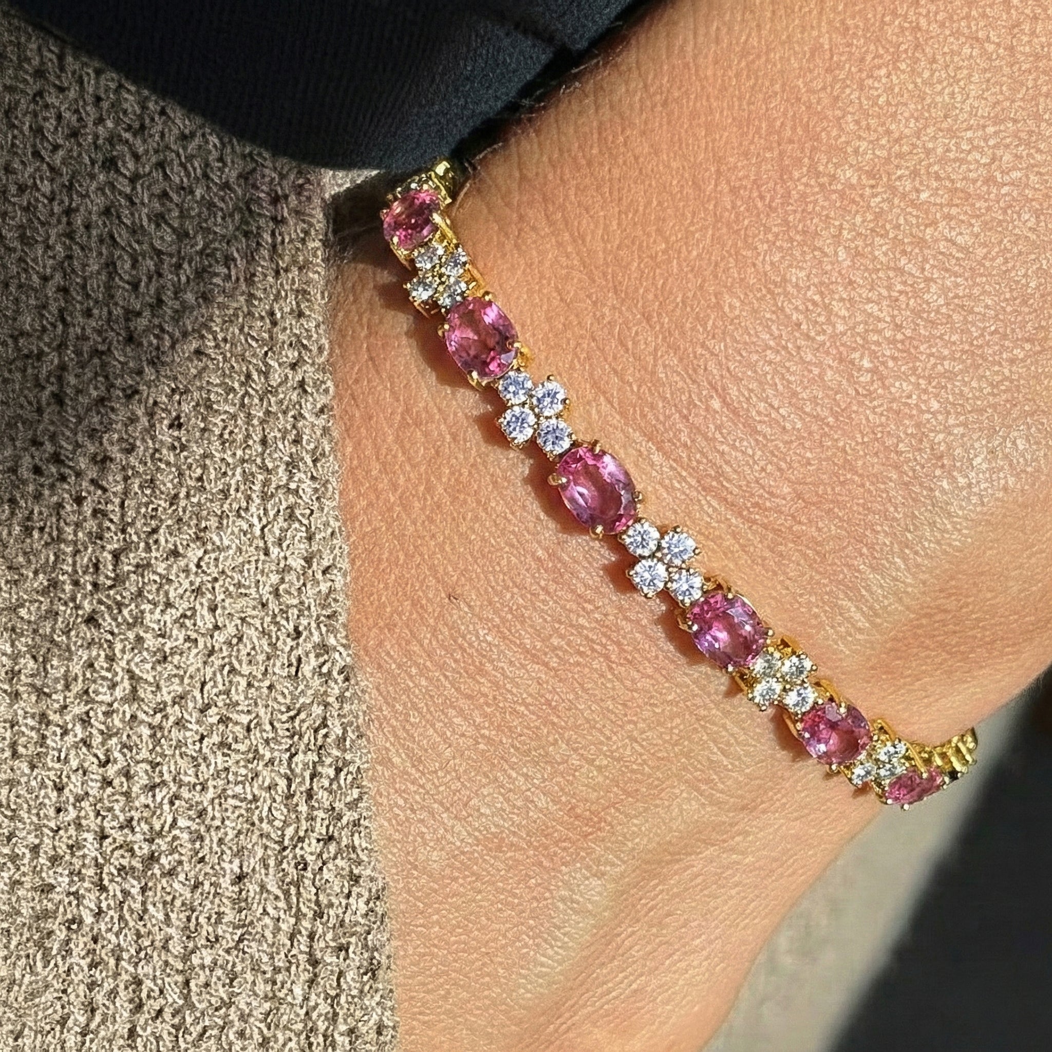 Pink Tourmaline Oval and Round Shape Tennis Bracelet in 925 Sterling Silver 8X6 MM 13.2ct