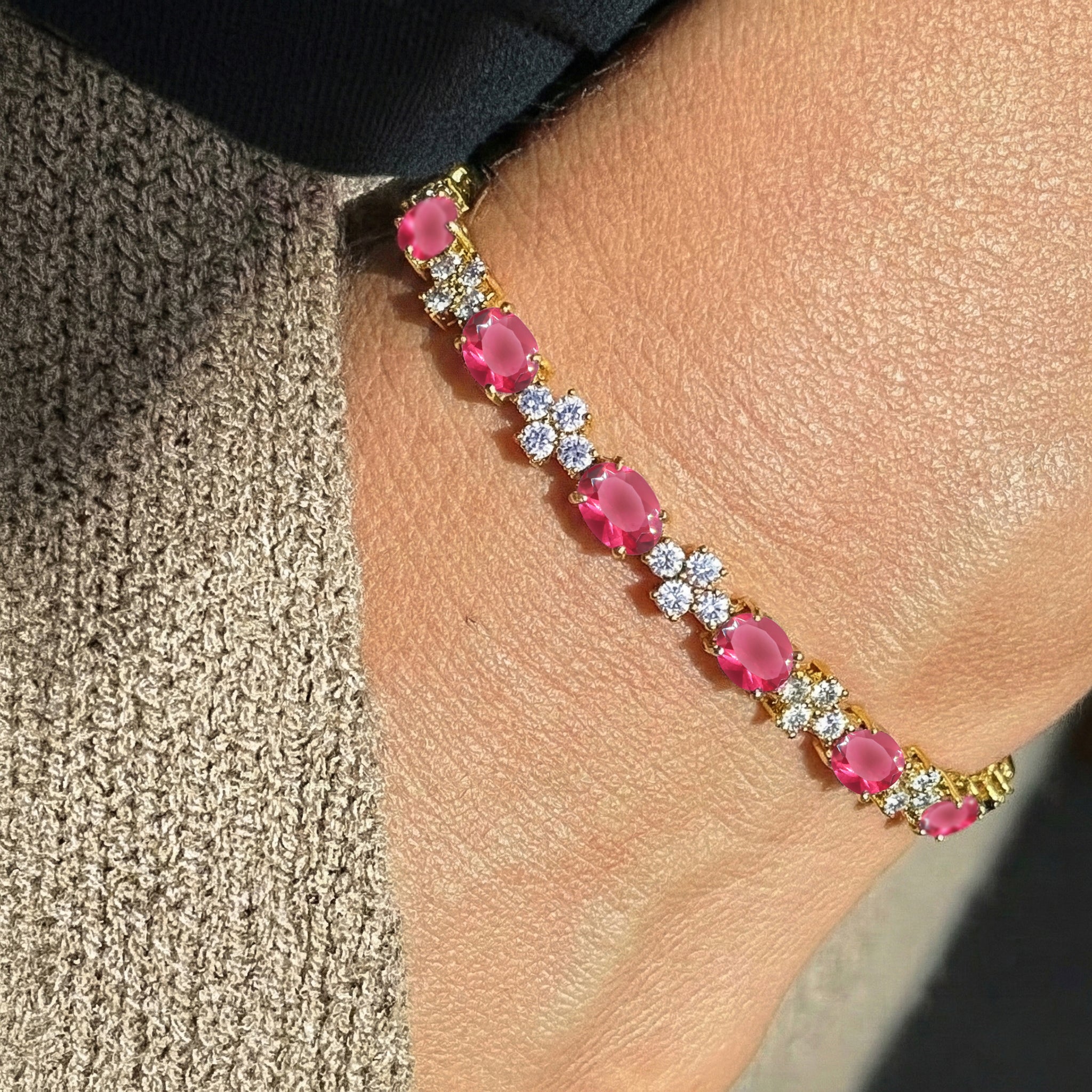 Pink Tourmaline Oval and Round Shape Tennis Bracelet in 925 Sterling Silver 8X6 MM 13.2ct