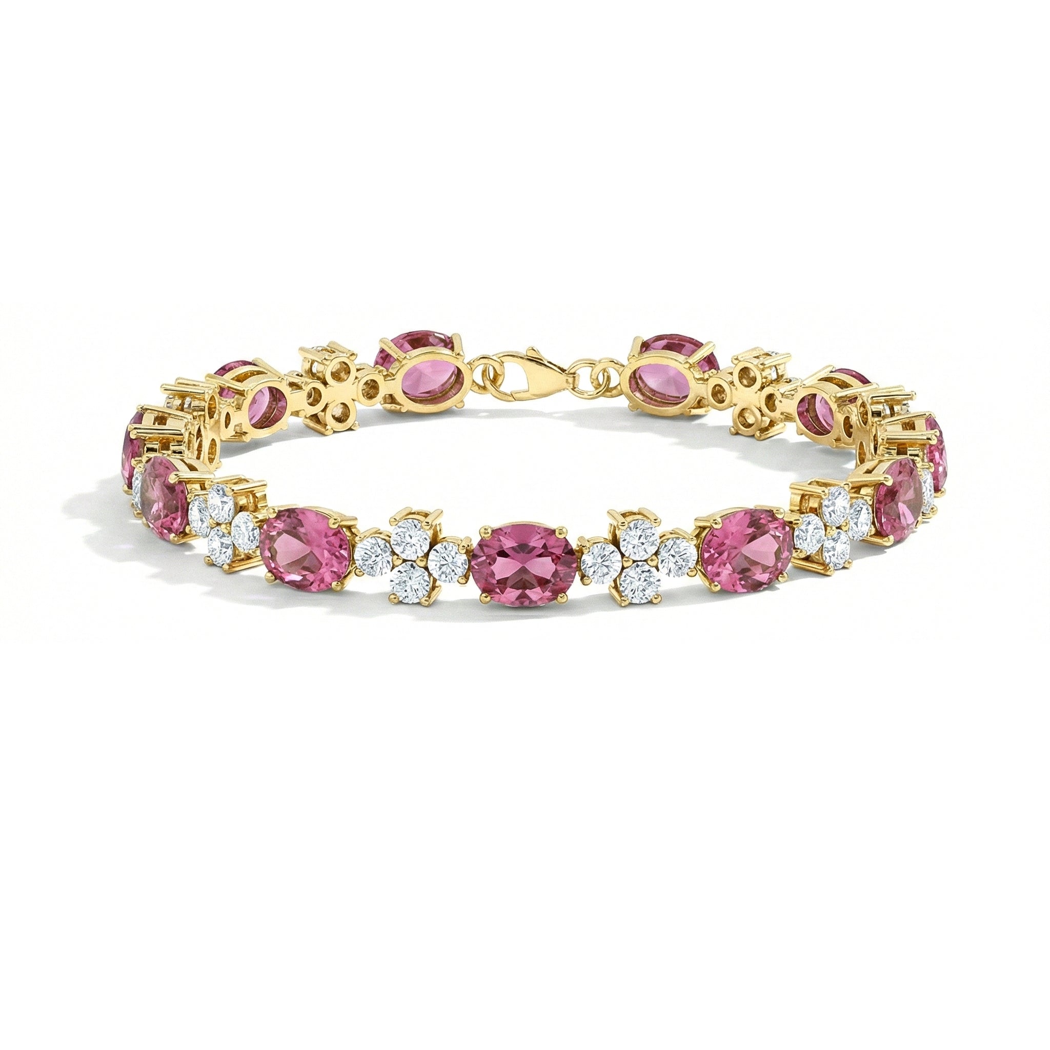 Pink Tourmaline Oval and Round Shape Tennis Bracelet in 925 Sterling Silver 8X6 MM 13.2ct