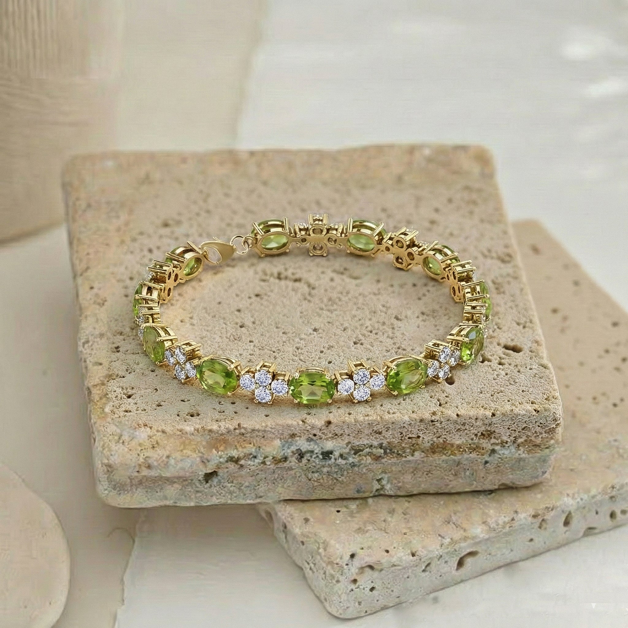 Peridot Oval and Round Shape Tennis Bracelet in 925 Sterling Silver 8X6 MM 13.2ct