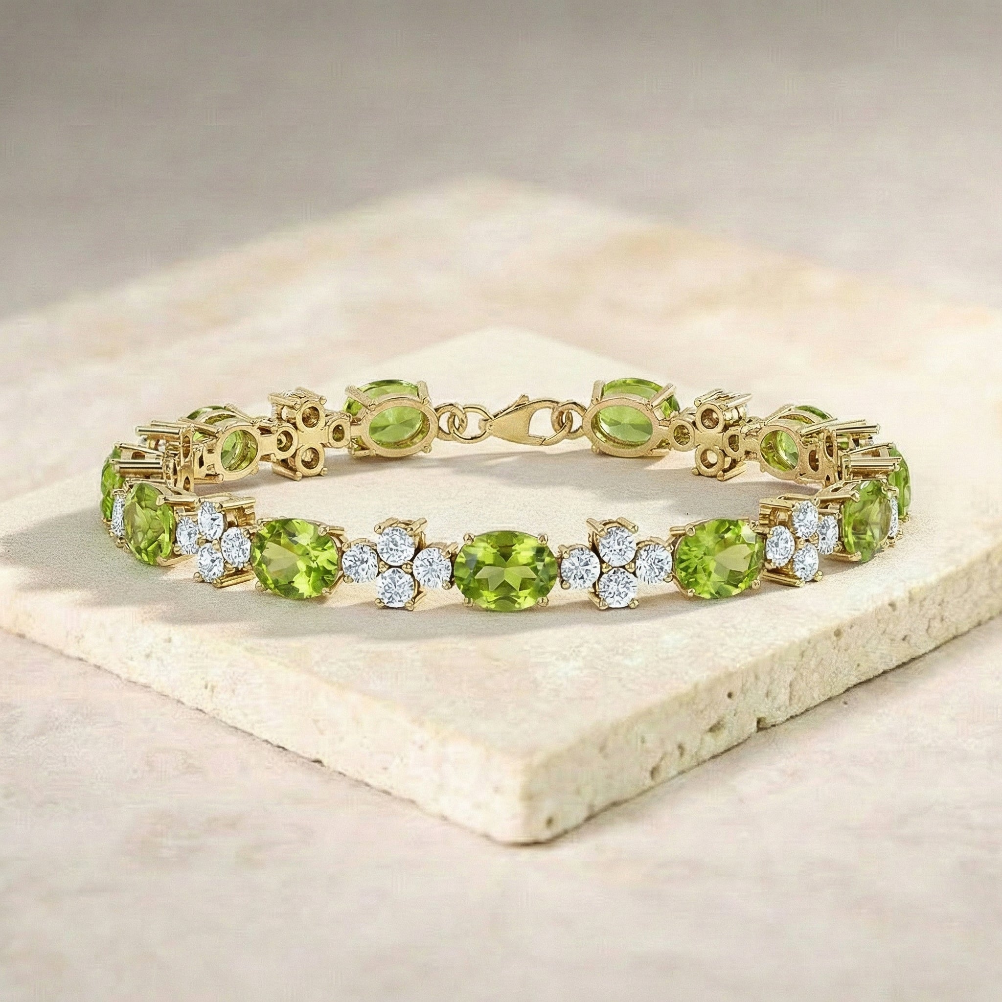 Peridot Oval and Round Shape Tennis Bracelet in 925 Sterling Silver 8X6 MM 13.2ct