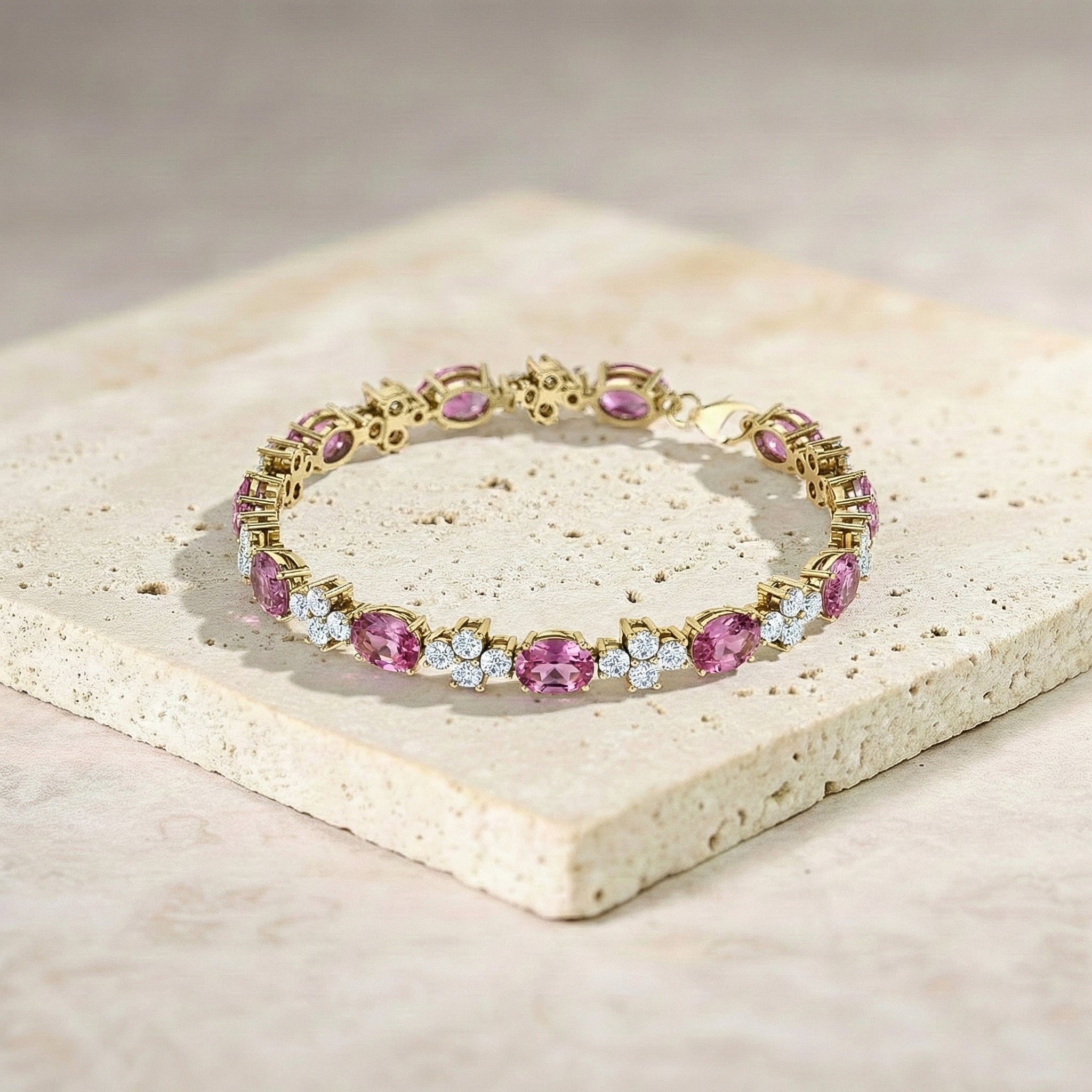 Pink Tourmaline Oval and Round Shape Tennis Bracelet in 925 Sterling Silver 8X6 MM 13.2ct