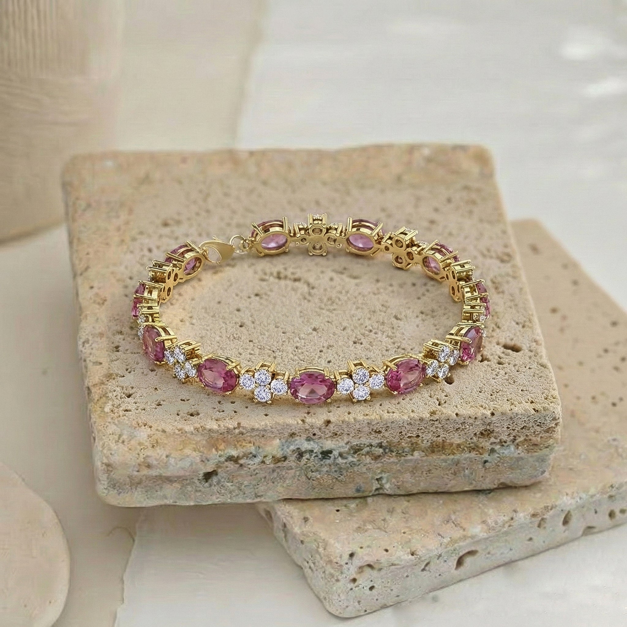 Pink Tourmaline Oval and Round Shape Tennis Bracelet in 925 Sterling Silver 8X6 MM 13.2ct