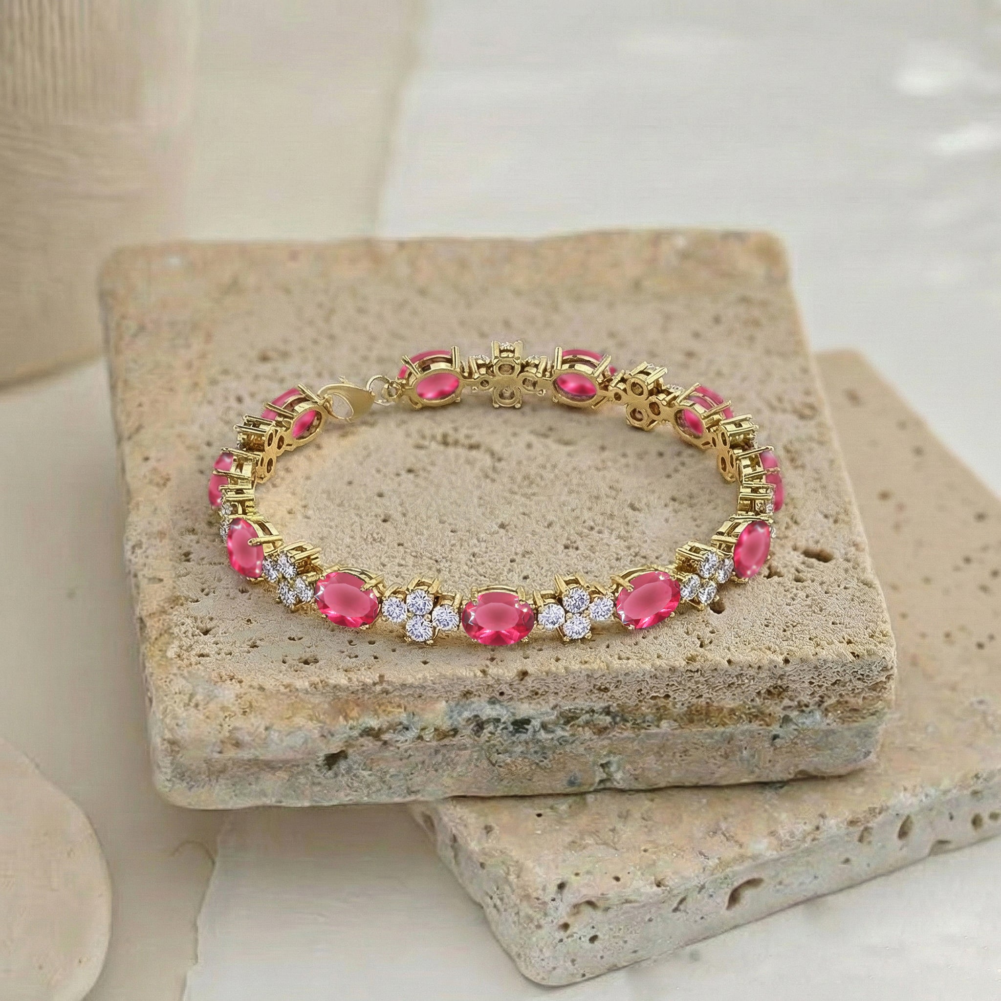 Pink Tourmaline Oval and Round Shape Tennis Bracelet in 925 Sterling Silver 8X6 MM 13.2ct