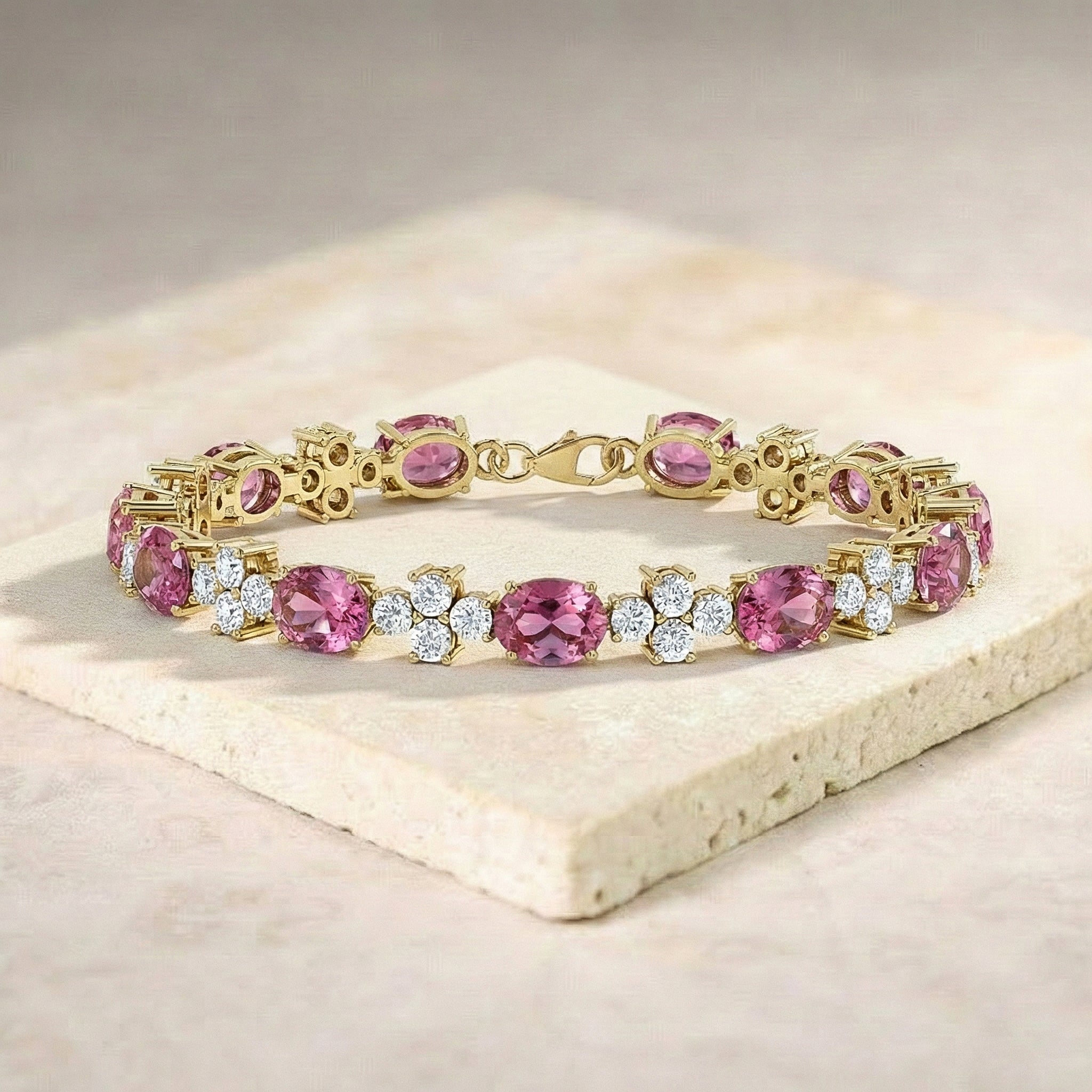 Pink Tourmaline Oval and Round Shape Tennis Bracelet in 925 Sterling Silver 8X6 MM 13.2ct