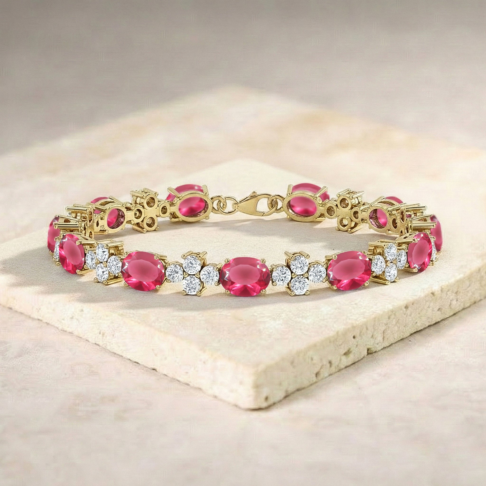 Pink Tourmaline Oval and Round Shape Tennis Bracelet in 925 Sterling Silver 8X6 MM 13.2ct