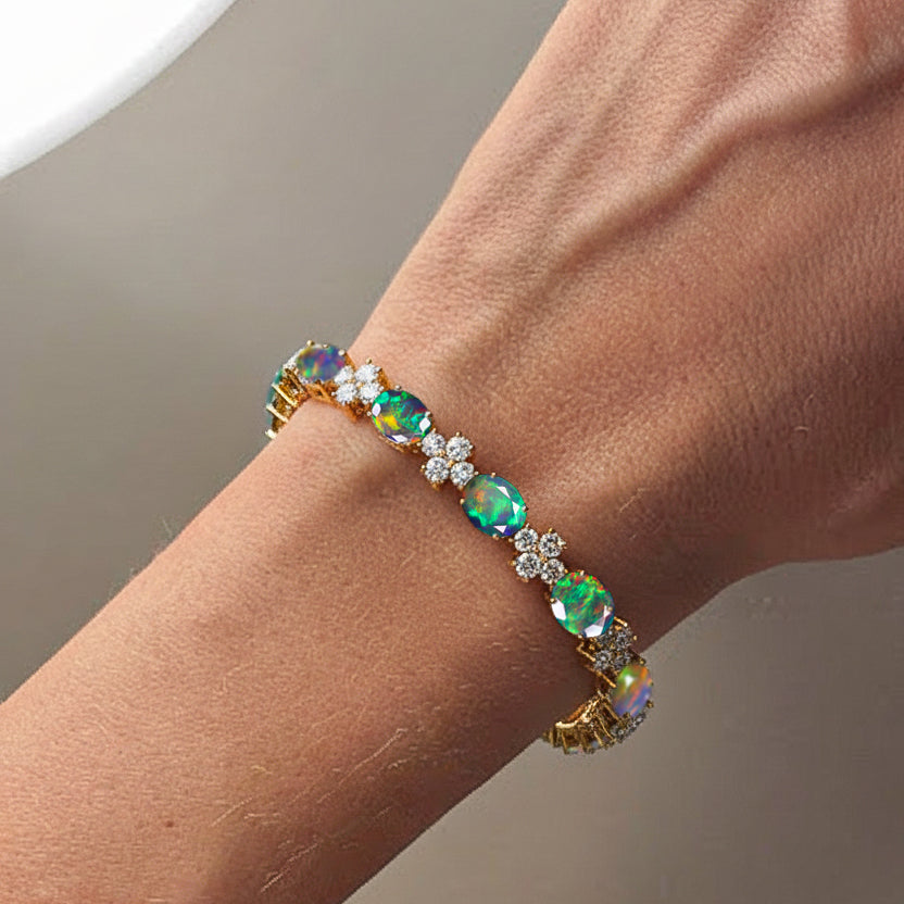 Black Opal Oval and Round Shape Tennis Bracelet in 925 Sterling Silver 8X6 MM 13.2ct