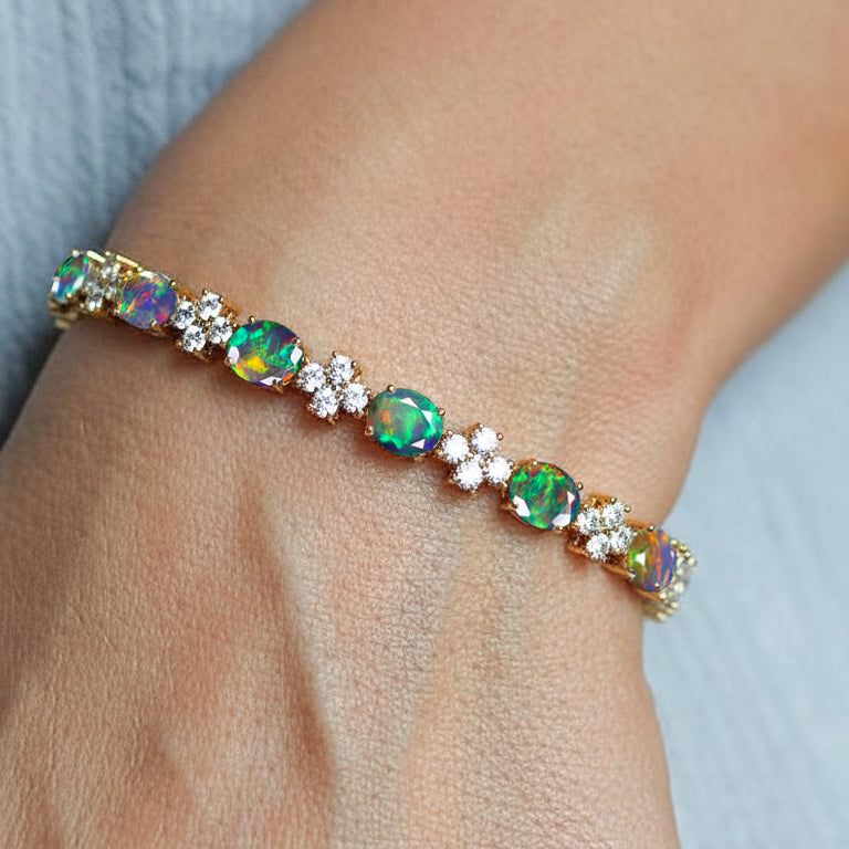 Black Opal Oval and Round Shape Tennis Bracelet in 925 Sterling Silver 8X6 MM 13.2ct