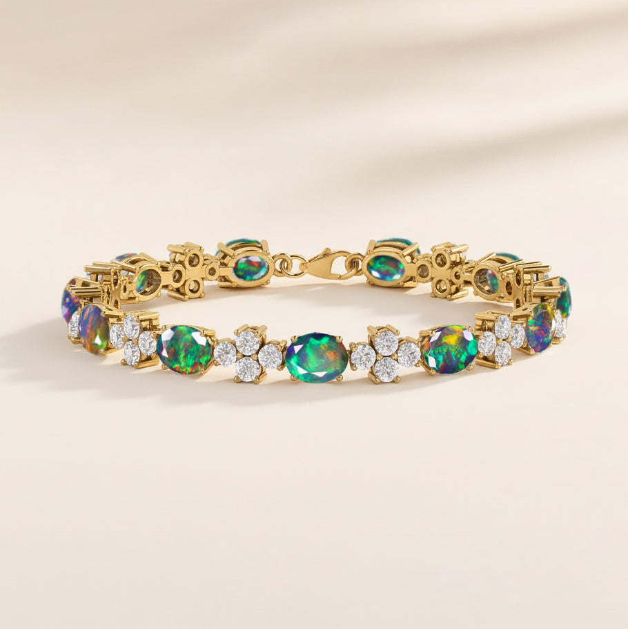 Black Opal Oval and Round Shape Tennis Bracelet in 925 Sterling Silver 8X6 MM 13.2ct