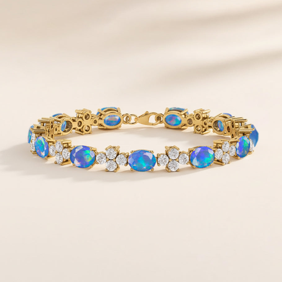 Blue Opal Oval and Round Shape Tennis Bracelet in 925 Sterling Silver 8X6 MM 13.2ct