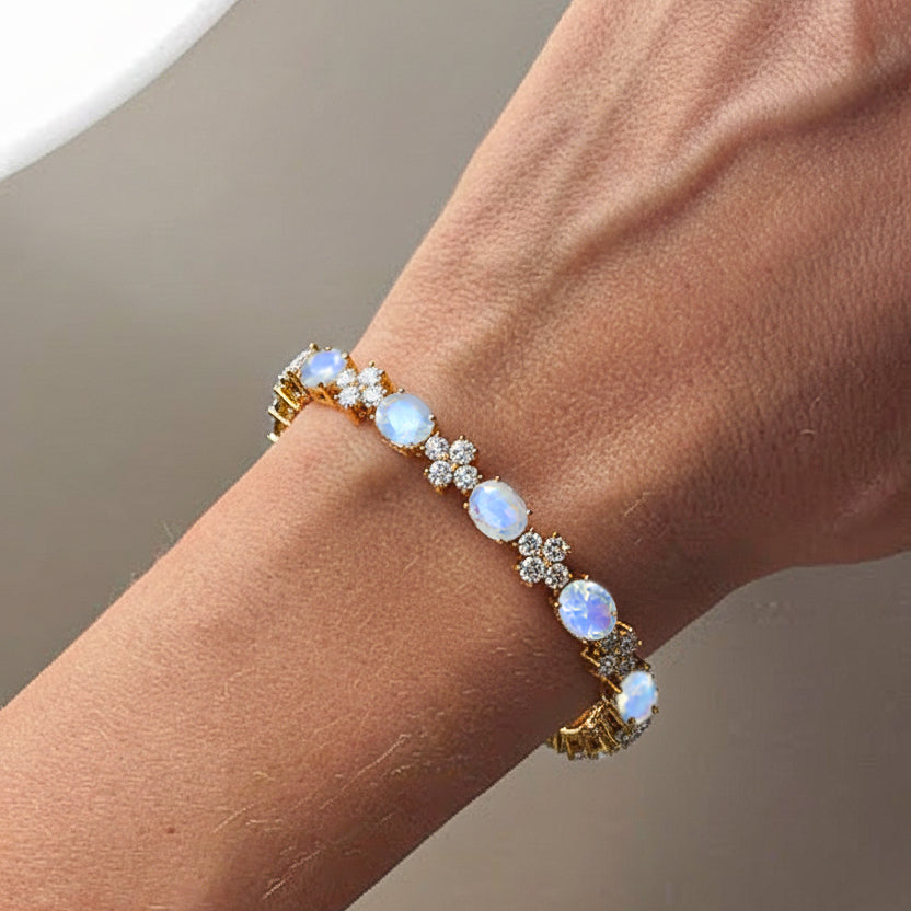 Moonstone Oval and Round Shape Tennis Bracelet in 925 Sterling Silver 8X6 MM 13.2ct