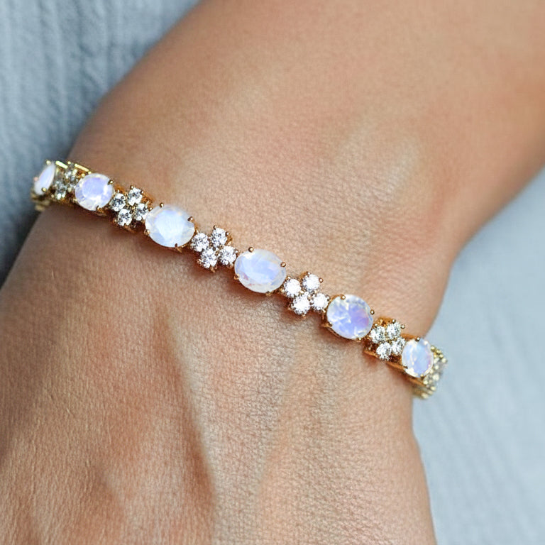 Moonstone Oval and Round Shape Tennis Bracelet in 925 Sterling Silver 8X6 MM 13.2ct