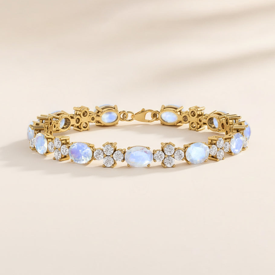 Moonstone Oval and Round Shape Tennis Bracelet in 925 Sterling Silver 8X6 MM 13.2ct