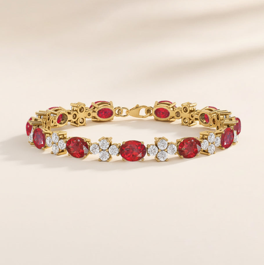 Ruby Oval and Round Shape Tennis Bracelet in 925 Sterling Silver 8X6 MM 13.2ct