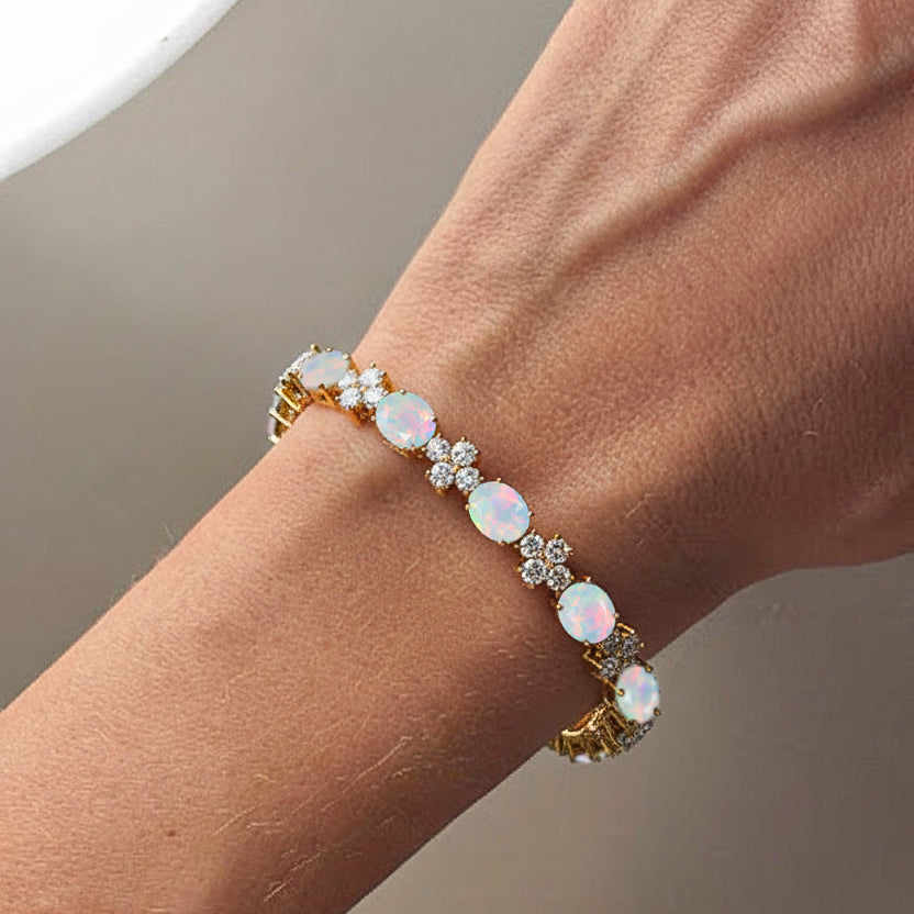 White Opal Oval and Round Shape Tennis Bracelet in 925 Sterling Silver 8X6 MM 13.2ct
