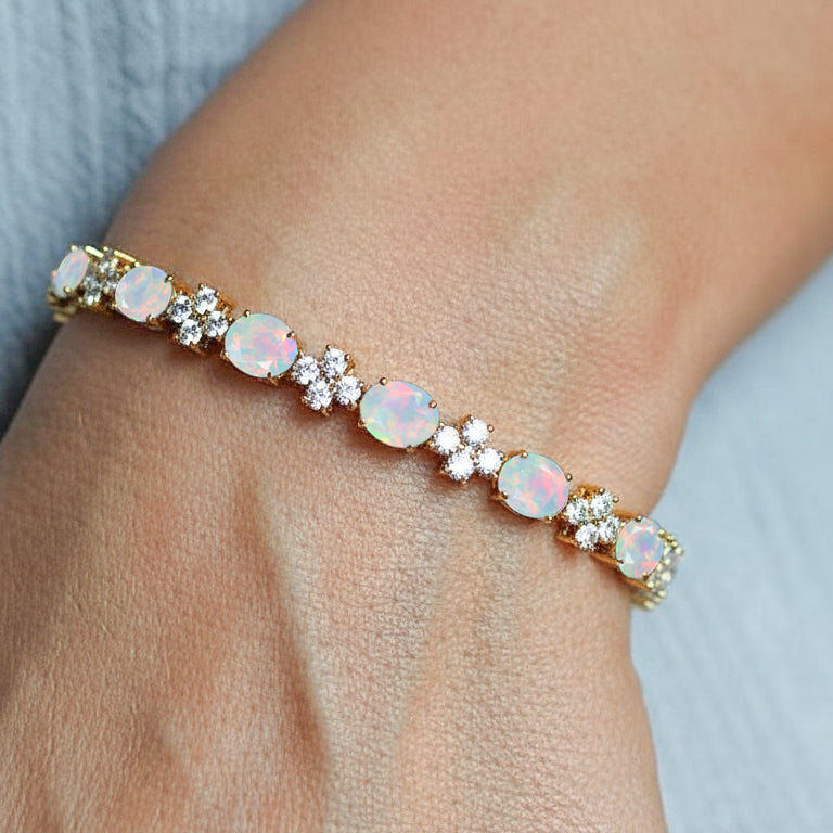 White Opal Oval and Round Shape Tennis Bracelet in 925 Sterling Silver 8X6 MM 13.2ct