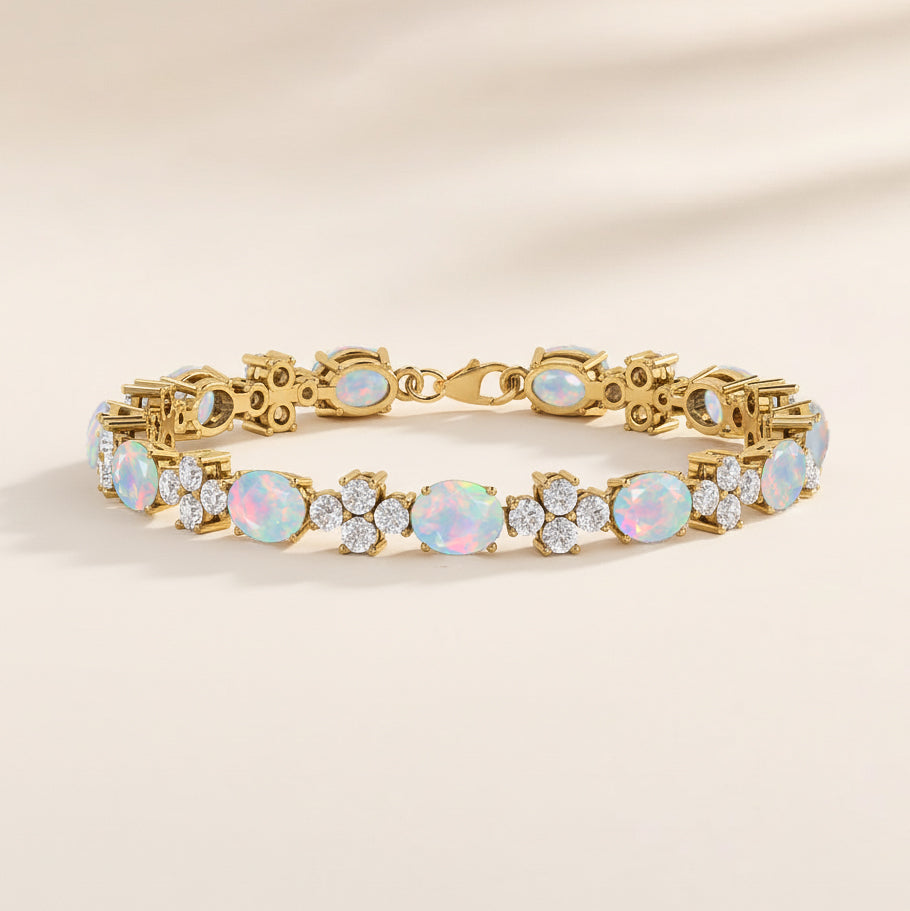White Opal Oval and Round Shape Tennis Bracelet in 925 Sterling Silver 8X6 MM 13.2ct