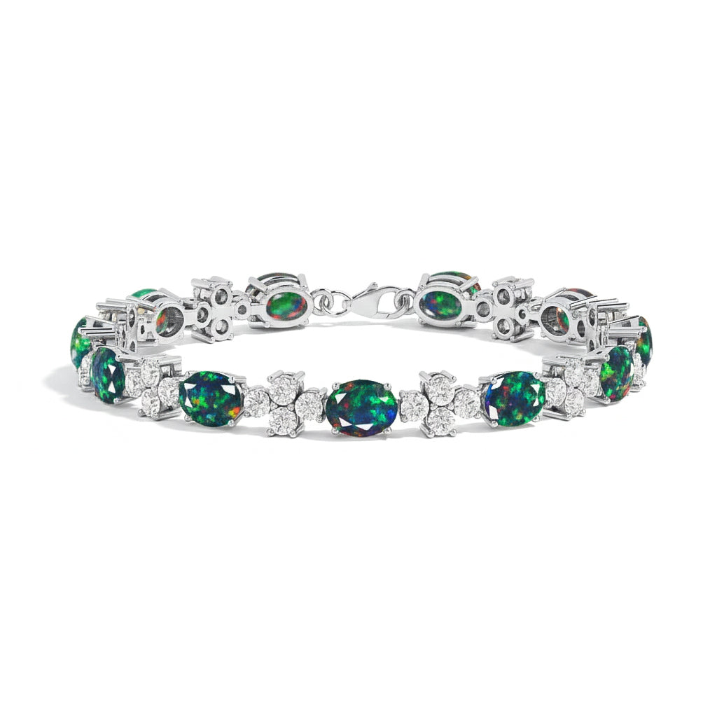 Black Opal Oval and Round Shape Tennis Bracelet in 925 Sterling Silver 8X6 MM 13.2ct