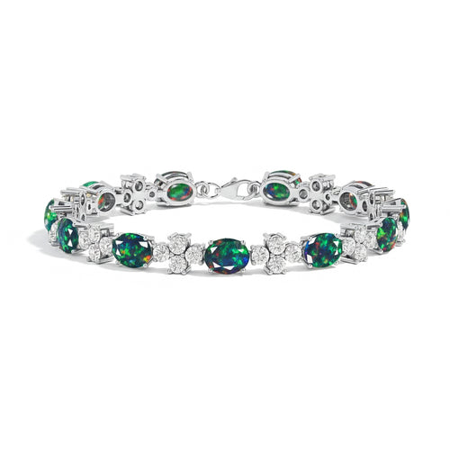 Black Opal Oval and Round Shape Tennis Bracelet in 925 Sterling Silver 8X6 MM 13.2ct