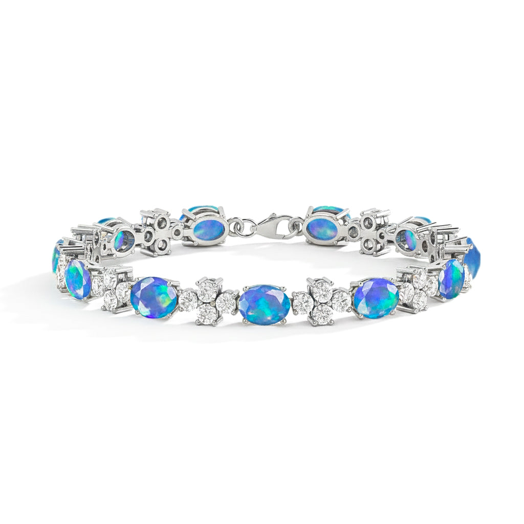 Blue Opal Oval and Round Shape Tennis Bracelet in 925 Sterling Silver 8X6 MM 13.2ct