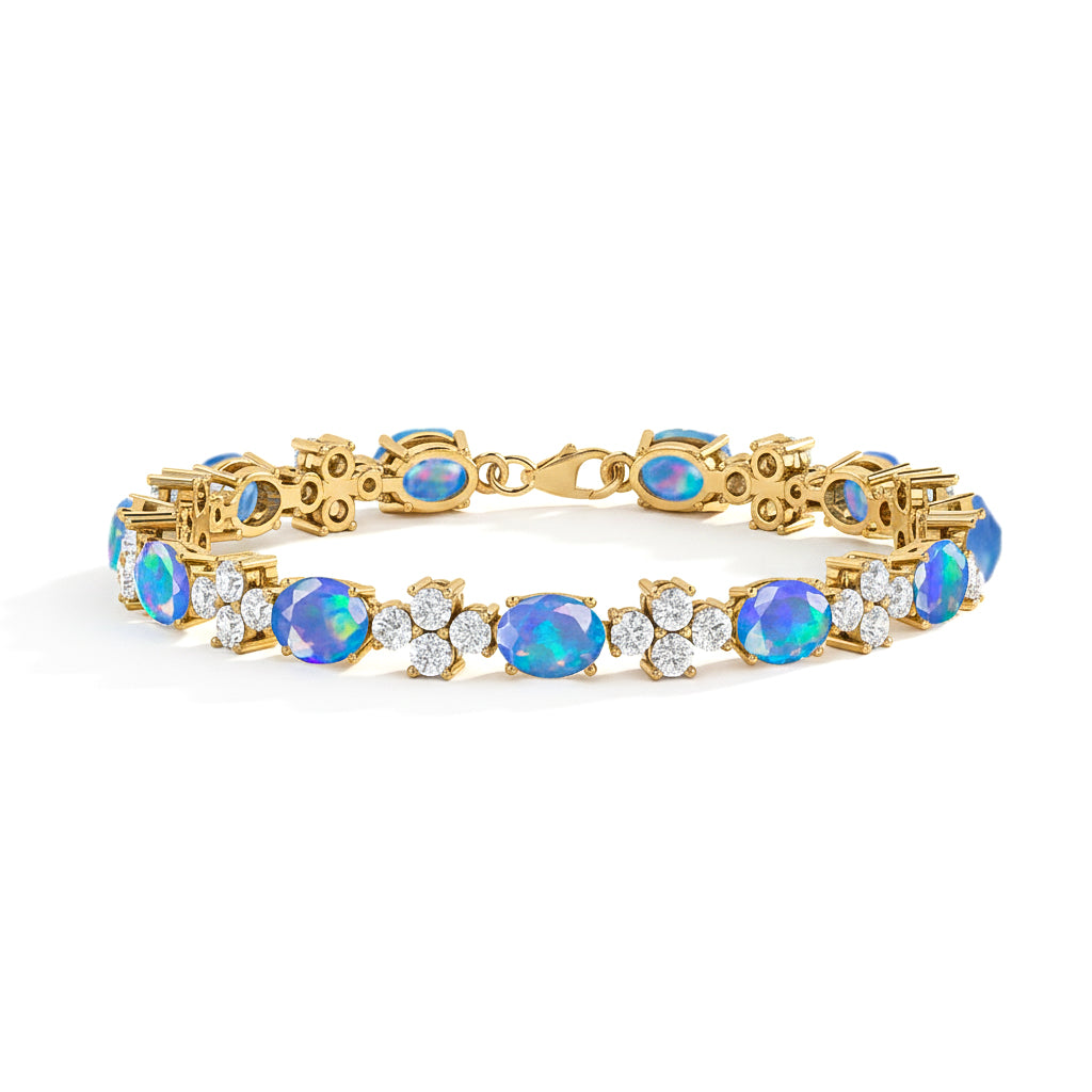 Blue Opal Oval and Round Shape Tennis Bracelet in 925 Sterling Silver 8X6 MM 13.2ct