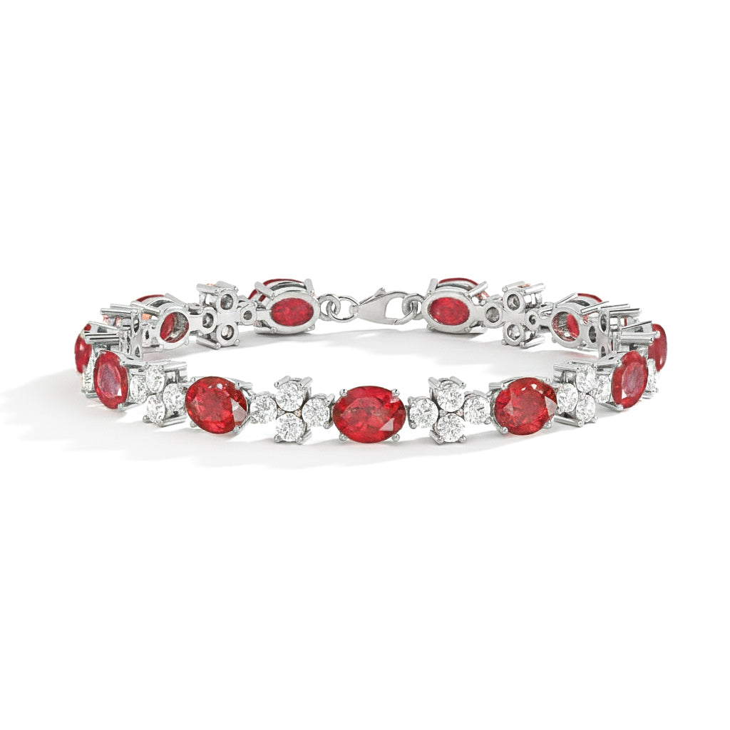 Ruby Oval and Round Shape Tennis Bracelet in 925 Sterling Silver 8X6 MM 13.2ct