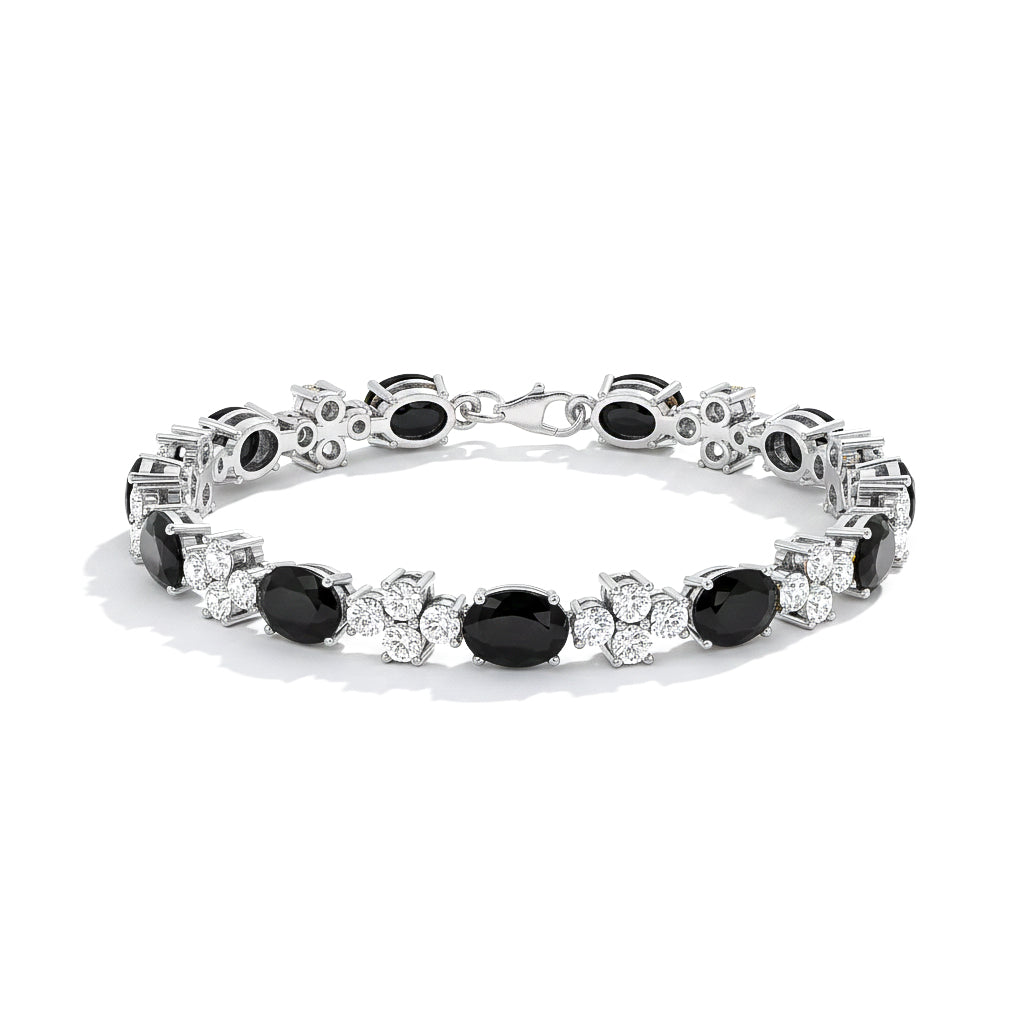 Sterling Silver Tennis Bracelet Black Oval Round Design 
