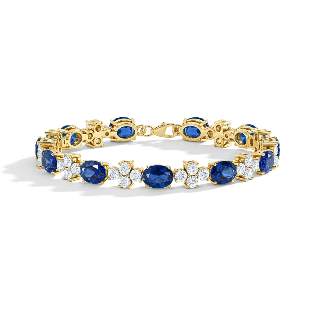 Blue Sapphire Oval and Round Shape Tennis Bracelet in 925 Sterling Silver 8X6 MM 13.2ct