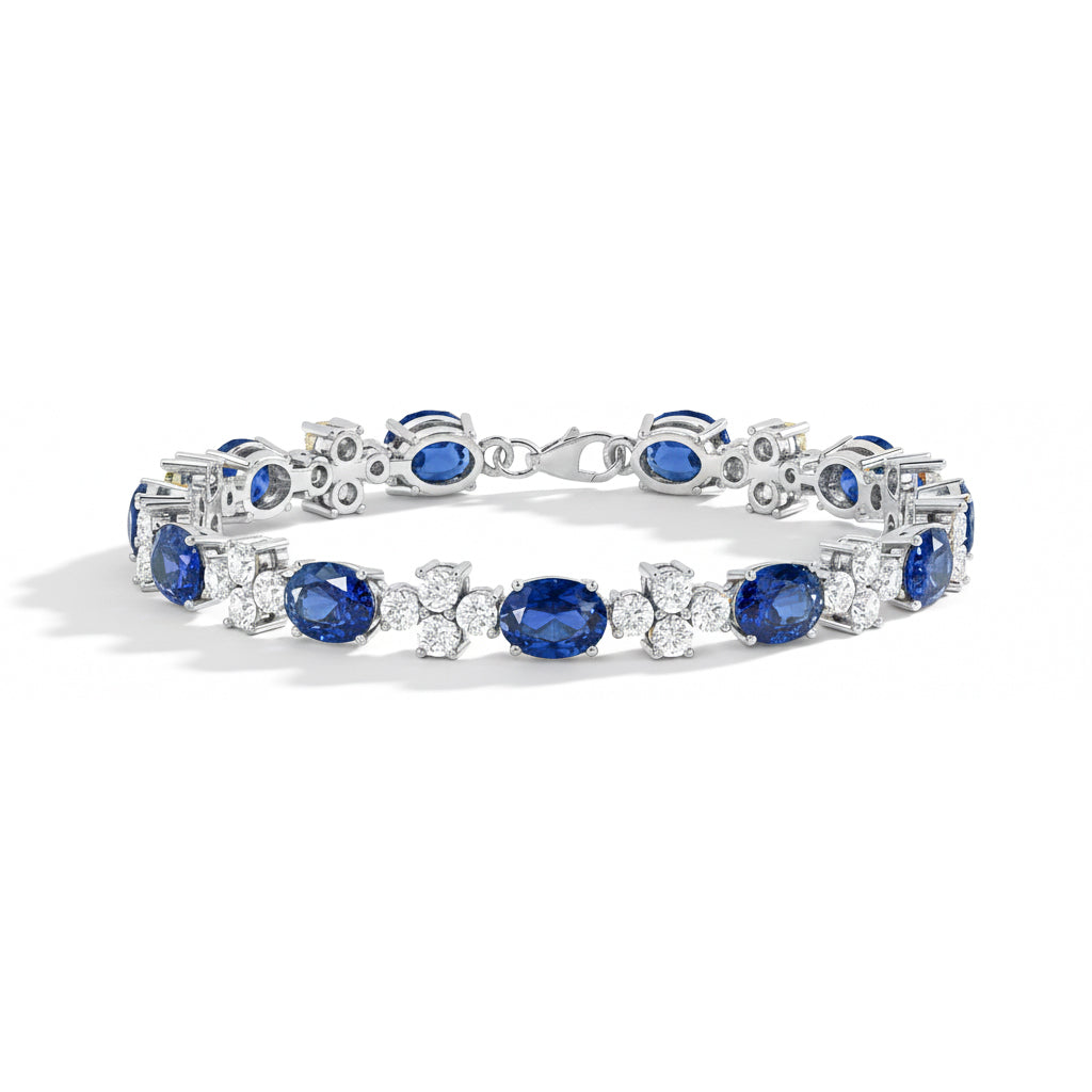 Blue Sapphire Oval and Round Shape Tennis Bracelet in 925 Sterling Silver 8X6 MM 13.2ct
