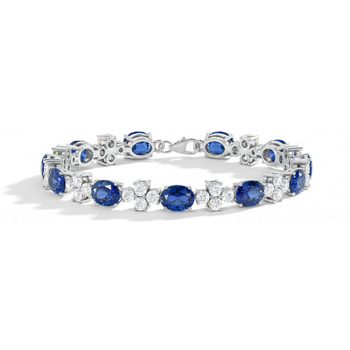 Blue Sapphire Oval and Round Shape Tennis Bracelet in 925 Sterling Silver 8X6 MM 13.2ct