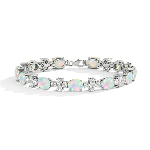 White Opal Oval and Round Shape Tennis Bracelet in 925 Sterling Silver 8X6 MM 13.2ct