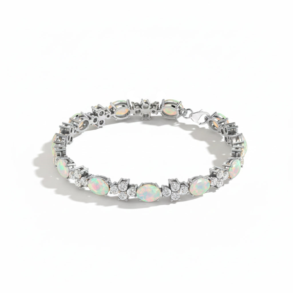 White Opal Oval and Round Shape Tennis Bracelet in 925 Sterling Silver 8X6 MM 13.2ct