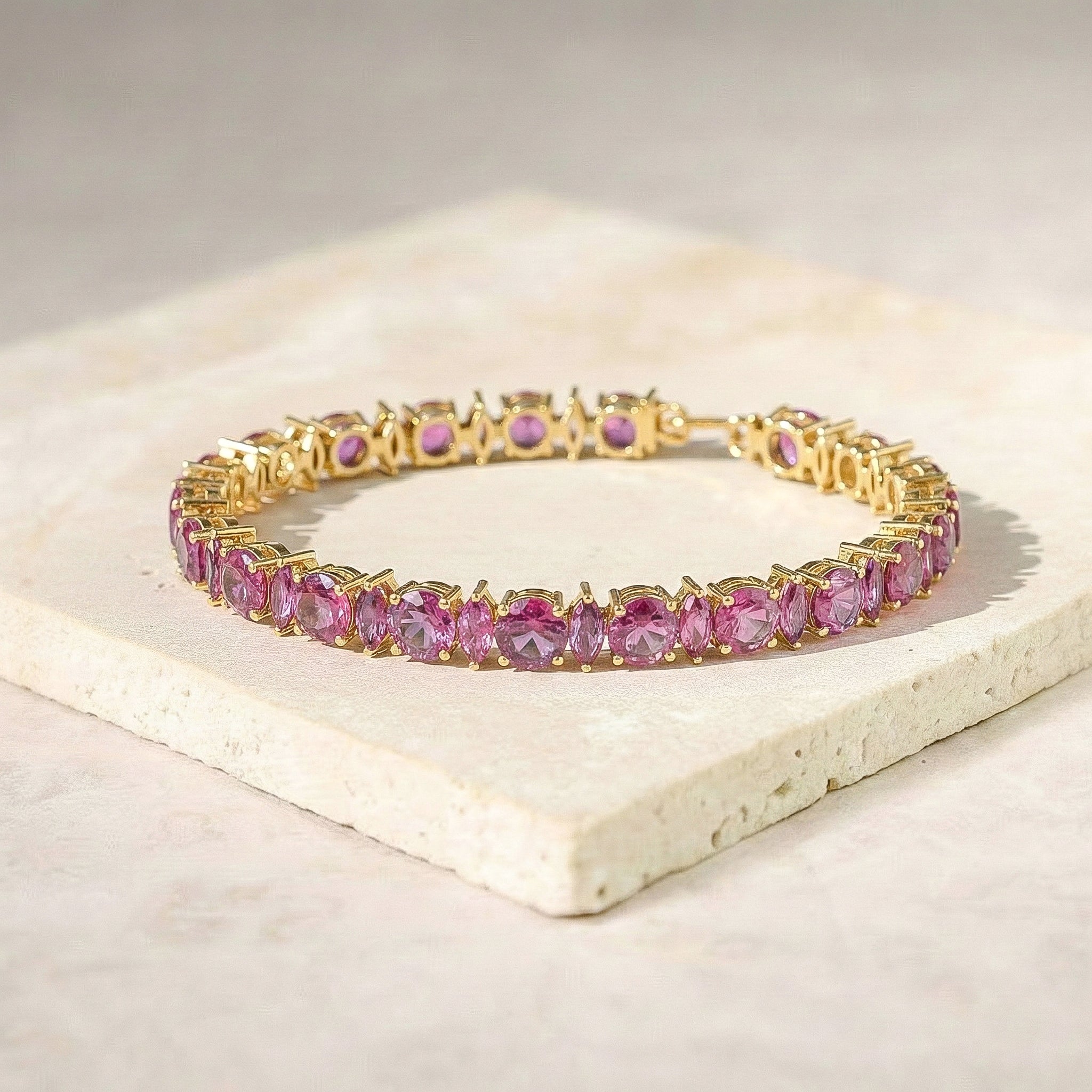 Pink Tourmaline Round & Marquise Bracelet 5 MM & 5x2.5 MM 22.11 Ct Feminine Charm