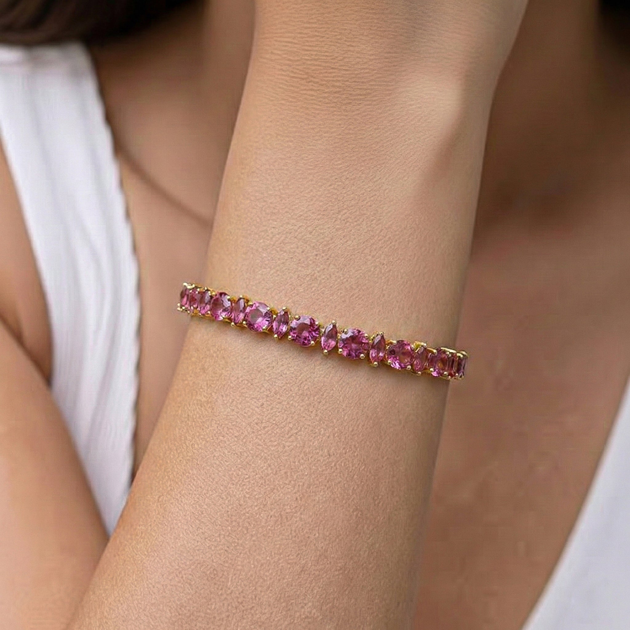 Pink Tourmaline Round & Marquise Bracelet 5 MM & 5x2.5 MM 22.11 Ct Feminine Charm