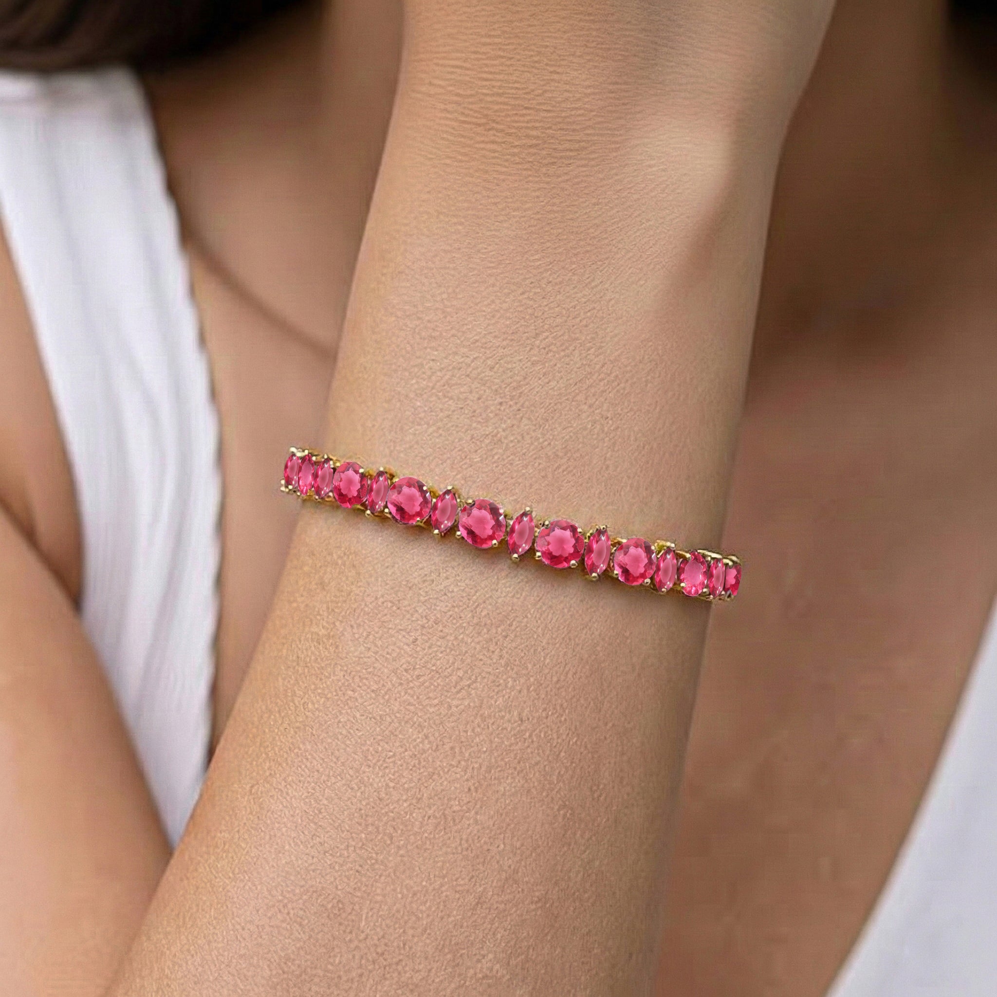 Pink Tourmaline Round & Marquise Bracelet 5 MM & 5x2.5 MM 22.11 Ct Feminine Charm