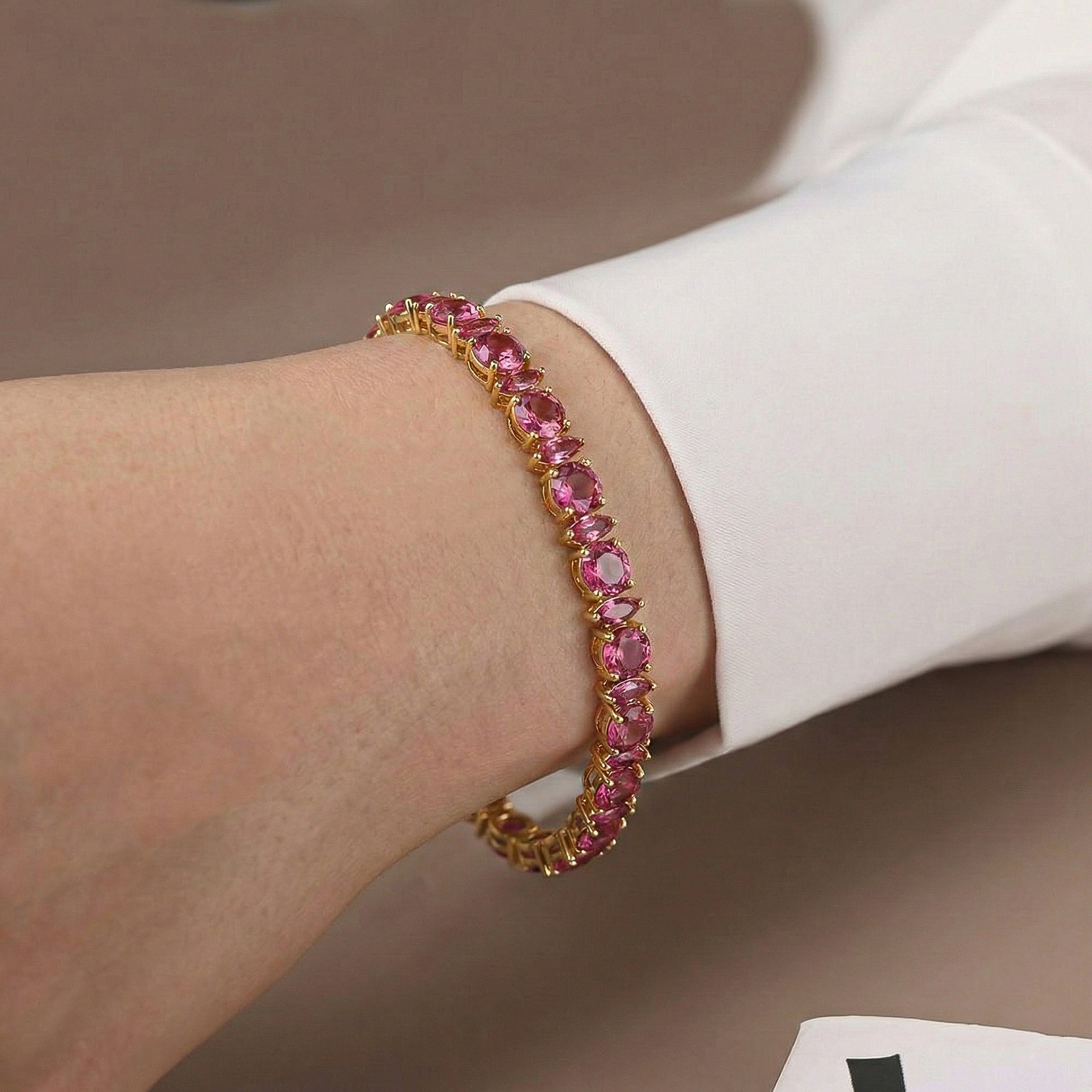 Pink Tourmaline Round & Marquise Bracelet 5 MM & 5x2.5 MM 22.11 Ct Feminine Charm