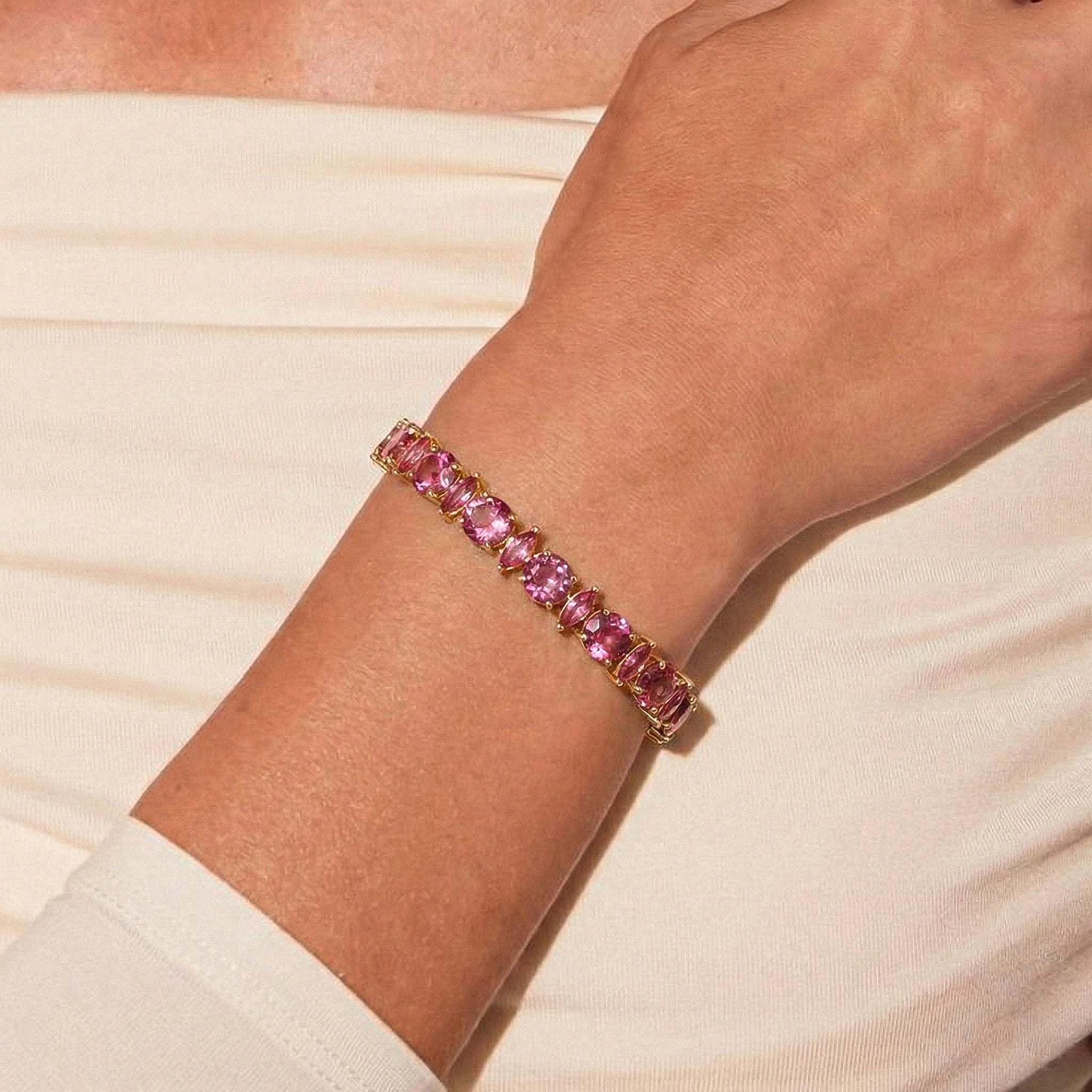 Pink Tourmaline Round & Marquise Bracelet 5 MM & 5x2.5 MM 22.11 Ct Feminine Charm