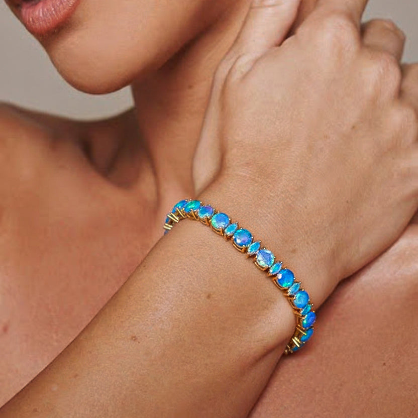 Blue Opal Round & Marquise Bracelet 5 MM & 5x2.5 MM 22.11 Ct Ocean Style