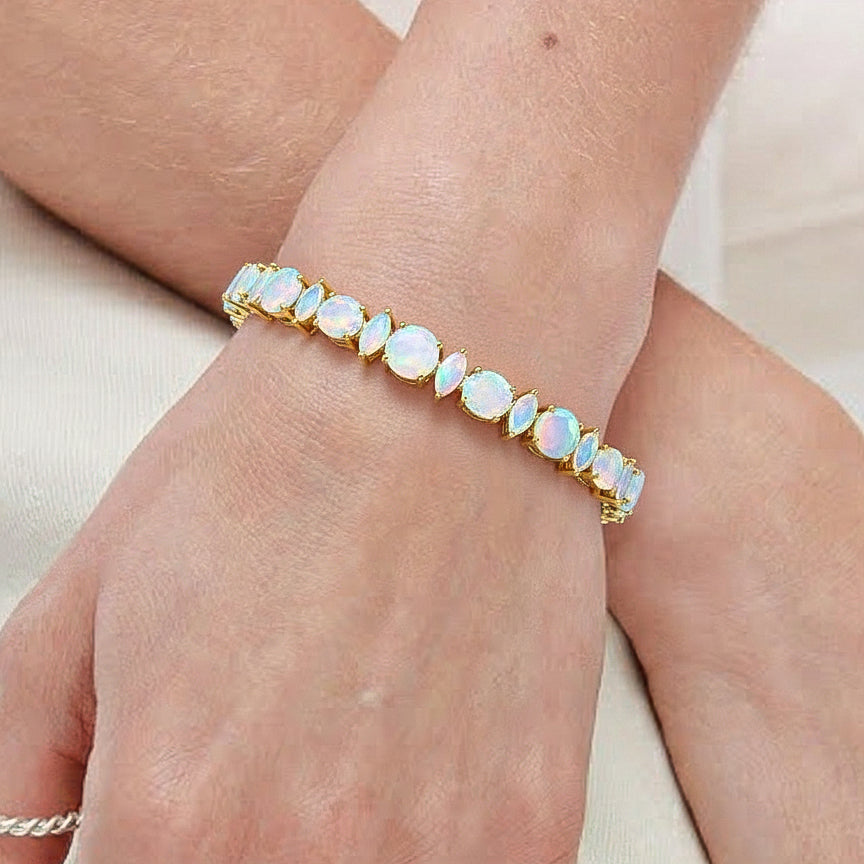 White Opal Round & Marquise Bracelet 5 MM & 5x2.5 MM 22.11 Ct Elegant Glow