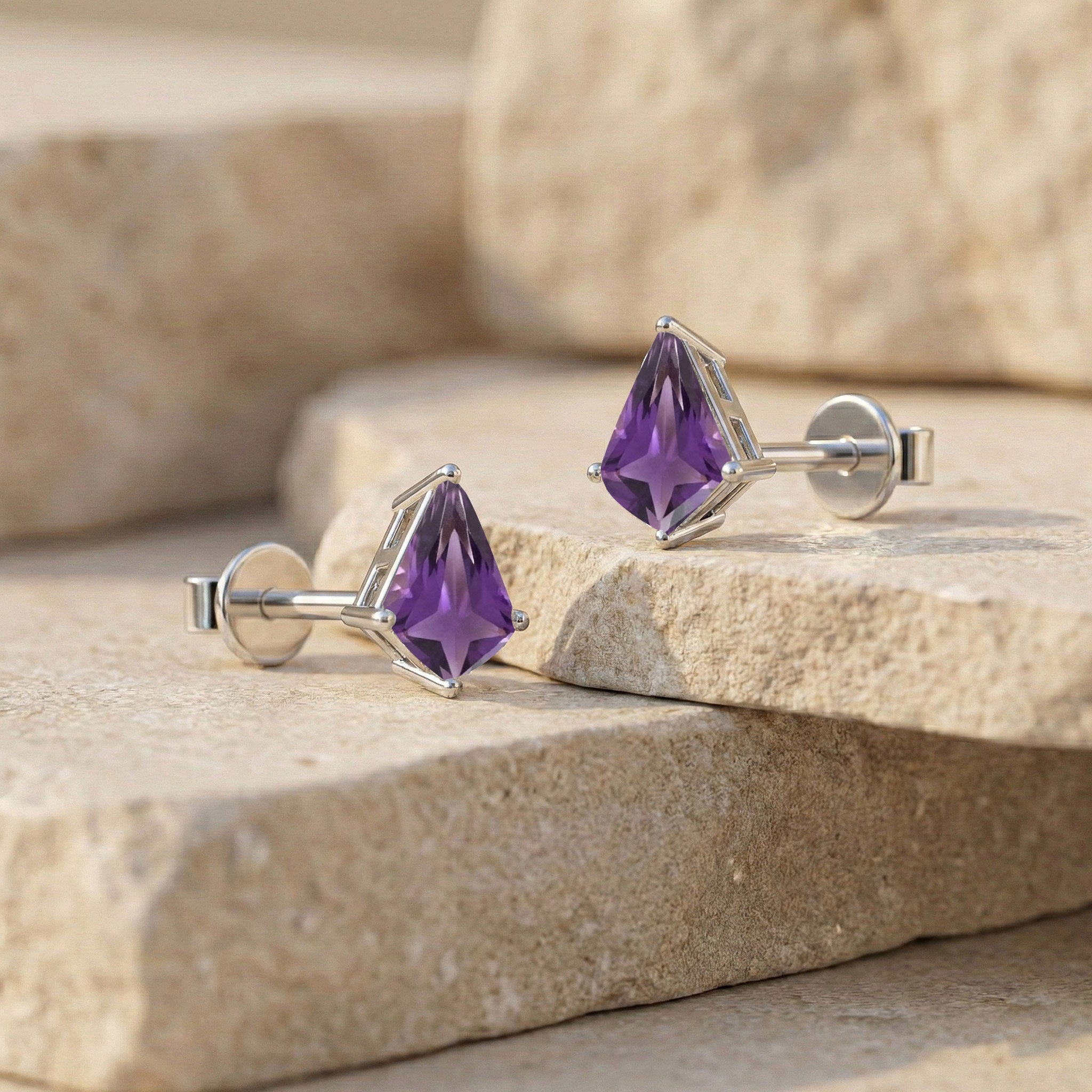 Amethyst Kite Stud Earrings in 925 Sterling Silver 7x5 MM 1.50ct
