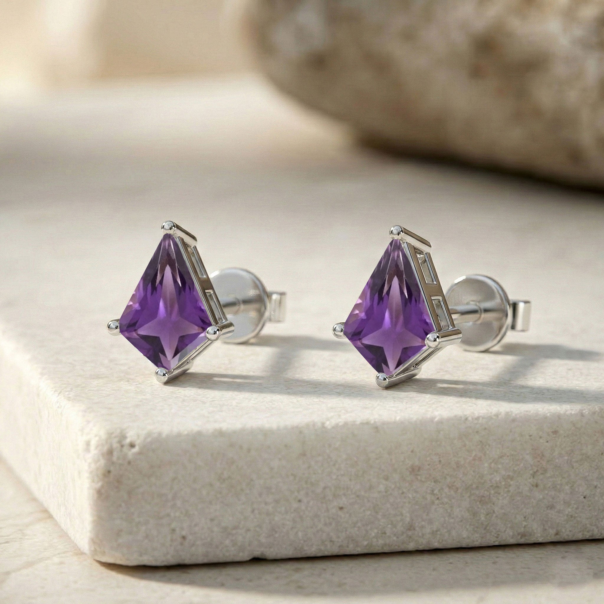 Amethyst Kite Stud Earrings in 925 Sterling Silver 7x5 MM 1.50ct