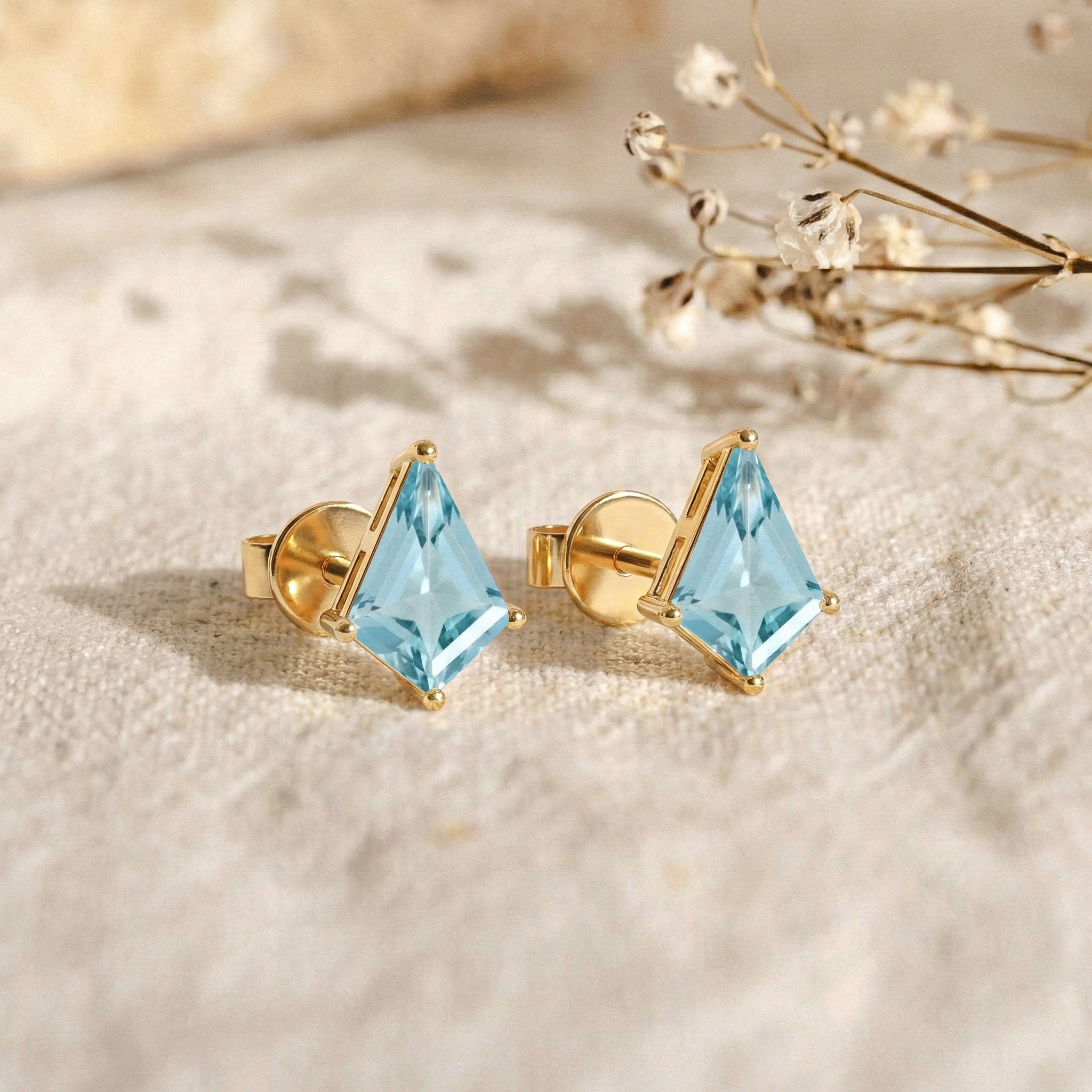 Aquamarine Kite Stud Earrings in Yellow Gold Plated 7x5 MM 1.50ct
