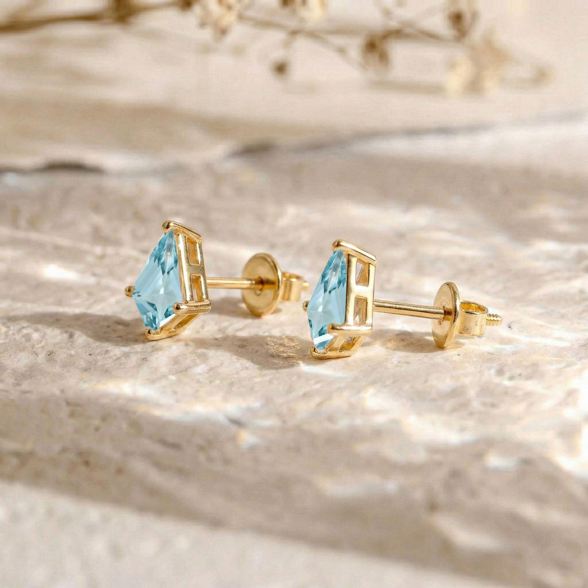 Aquamarine Kite Stud Earrings in Yellow Gold Plated 7x5 MM 1.50ct